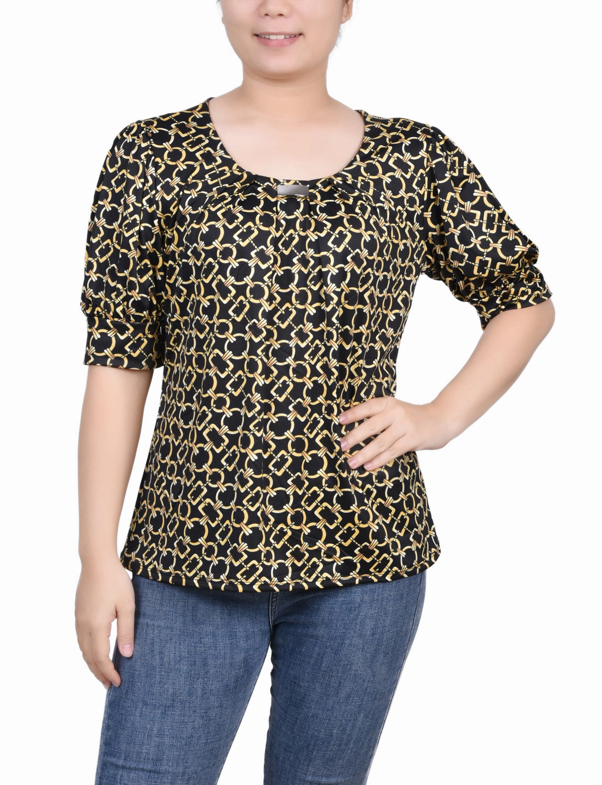 Petite Short Sleeve Balloon Sleeve Top ContrastPlacket