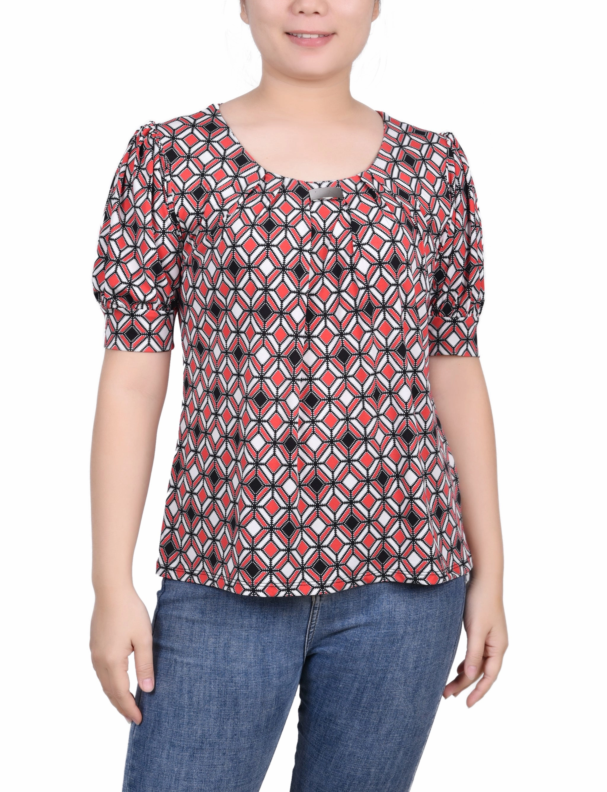 Petite Short Sleeve Balloon Sleeve Top Reflective Detailing Structured Shoulder