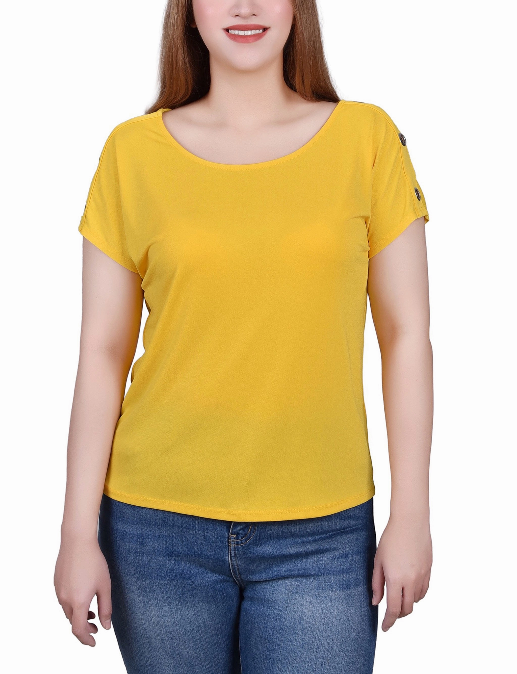 Petite Short Sleeve Extended Sleeve Tunic Top Stretch Weave Construction