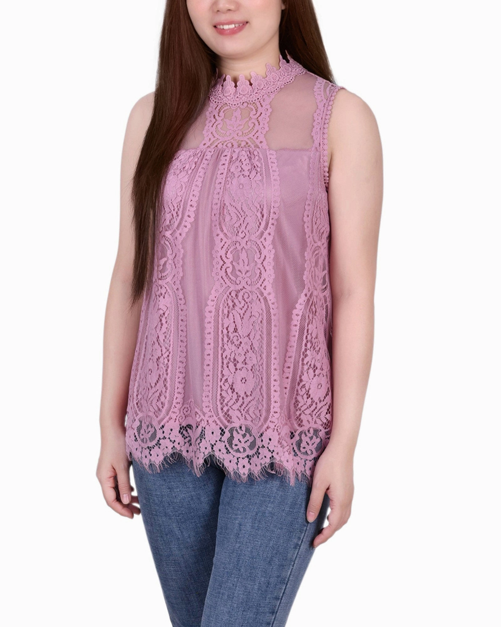 Breathable back panel LightweightTexture Petite Sleeveless Mock Neck Lace Top