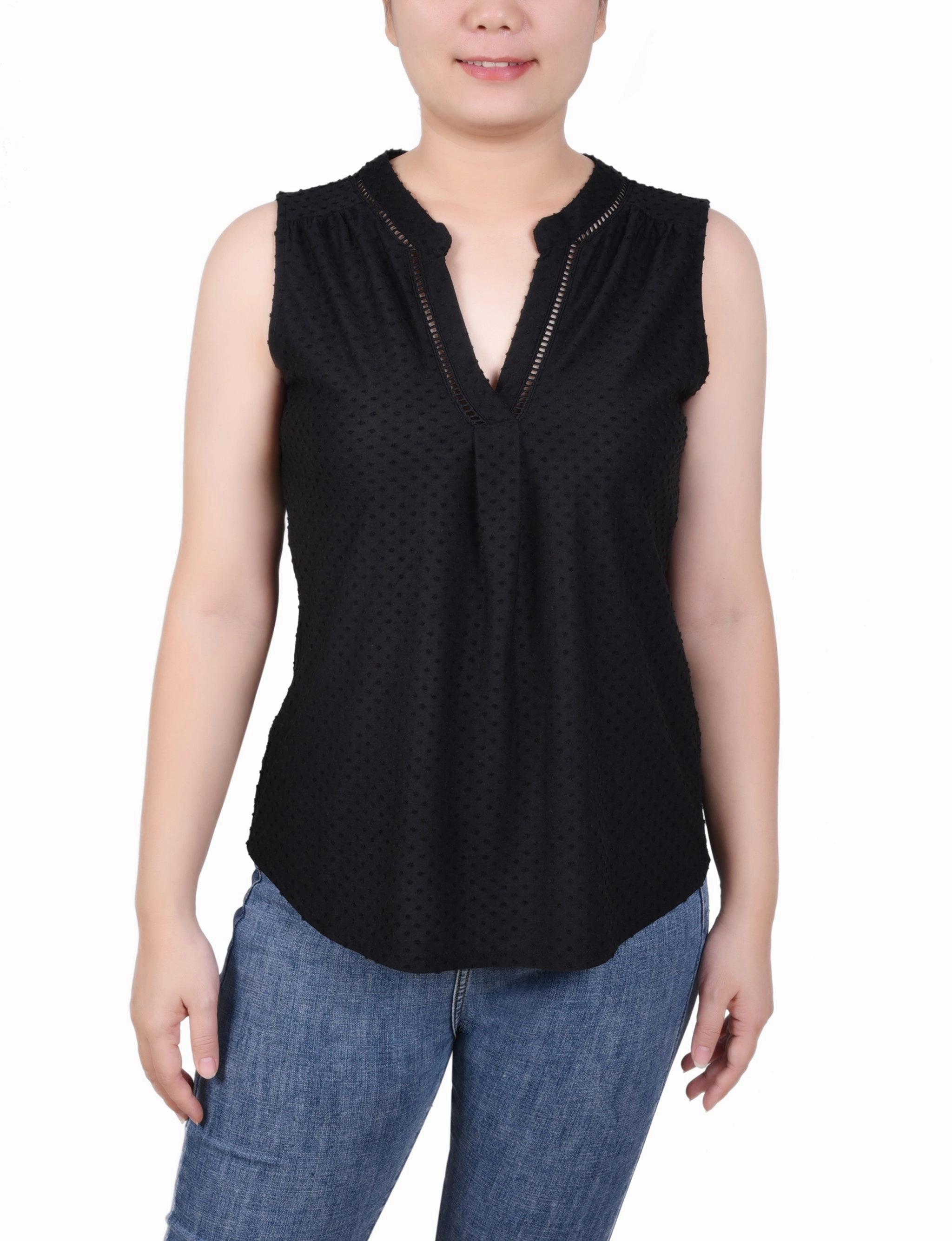 Layered Neckline Details Petite Sleeveless Swiss Dot Top