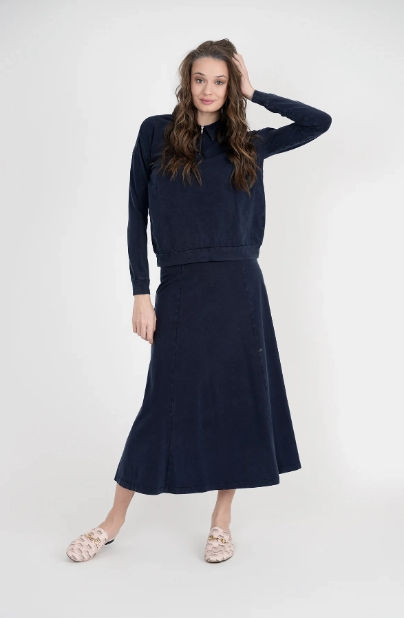 Unclear Dark Denim Wash Panel Long Skirt SB3CYT2056SL Biodegradable Fabric Modern Outfit