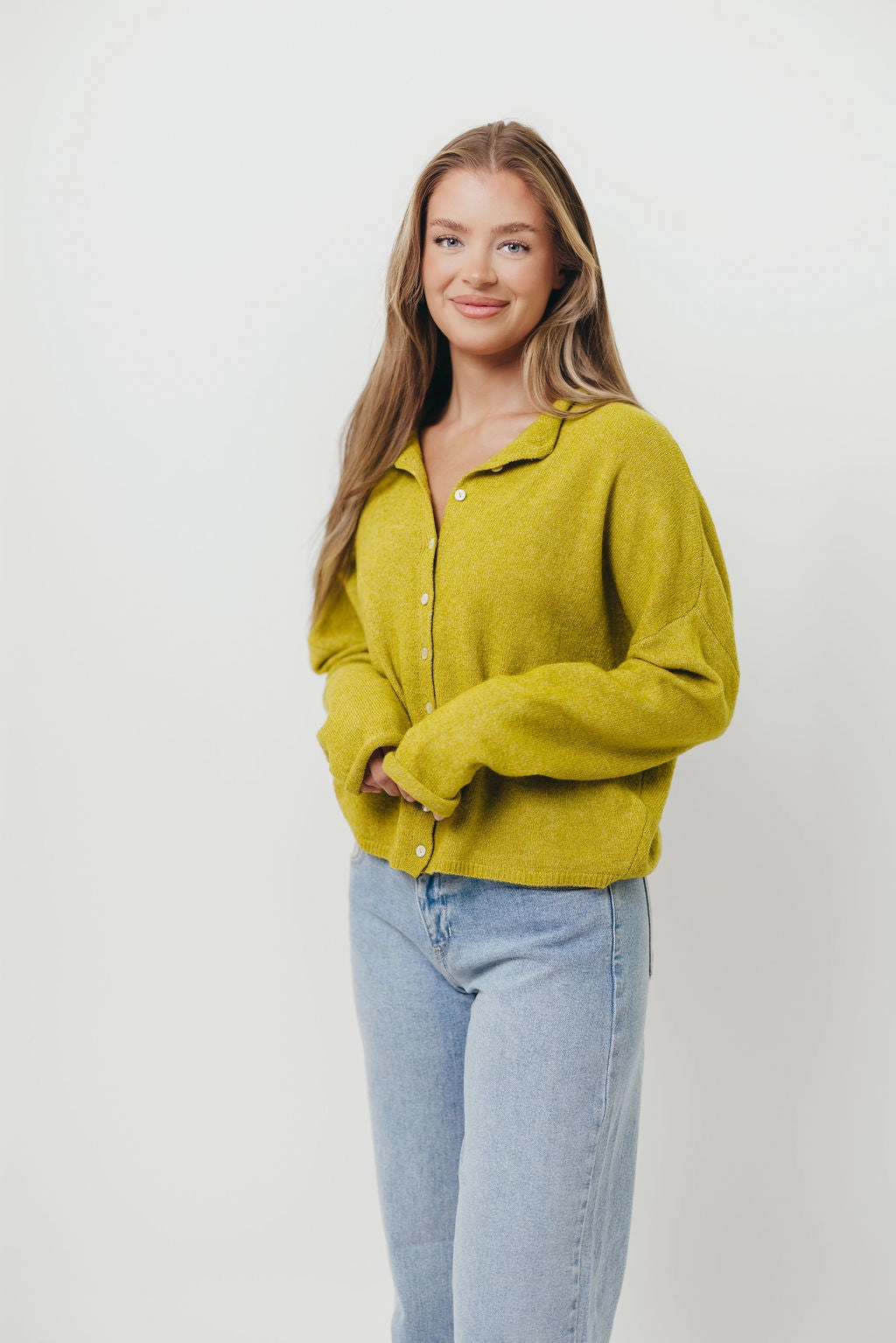 Piper Cardigan in Dijon Yellow Cool Fabric FadeResistant Dye