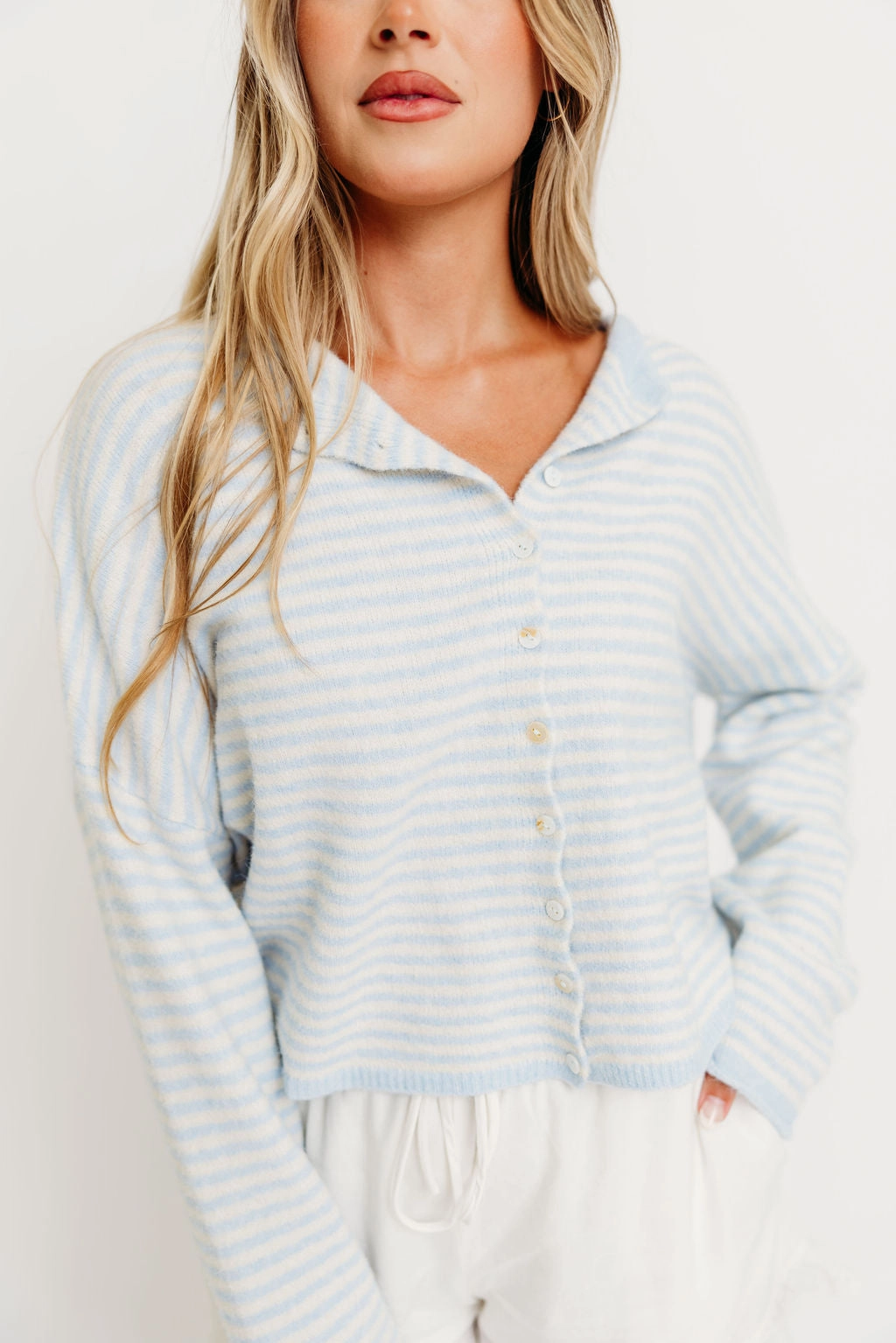 AllPurposeWear Minimalist Aesthetic Piper Mini Stripes Cardigan in Light Blue