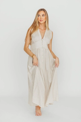 Work Fit Summer-Season Pippy Button Down Maxi Dress in Natural/Black - Nursing Friendly