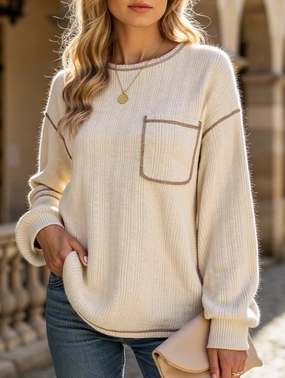 Pitted Strip Brushed Crewneck Pocket Casual Shirt Textured Weave