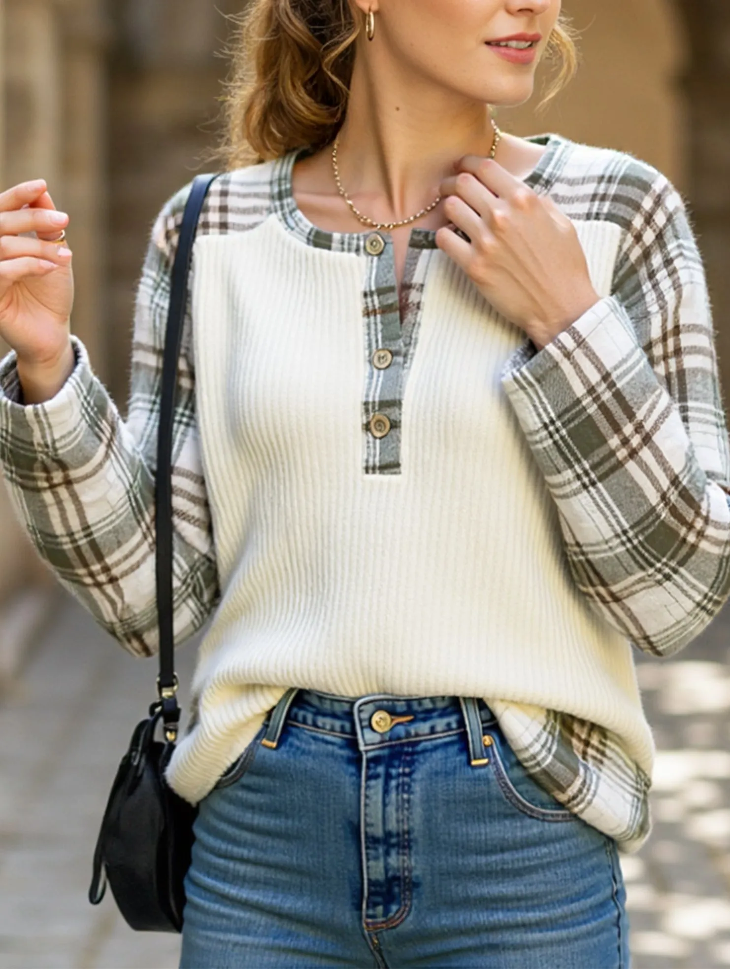 PLAID PATCHWORK LONG-SLEEVED CREW NECK T-SHIRT DoubleNeedle Stitching Durable Fiber Blend