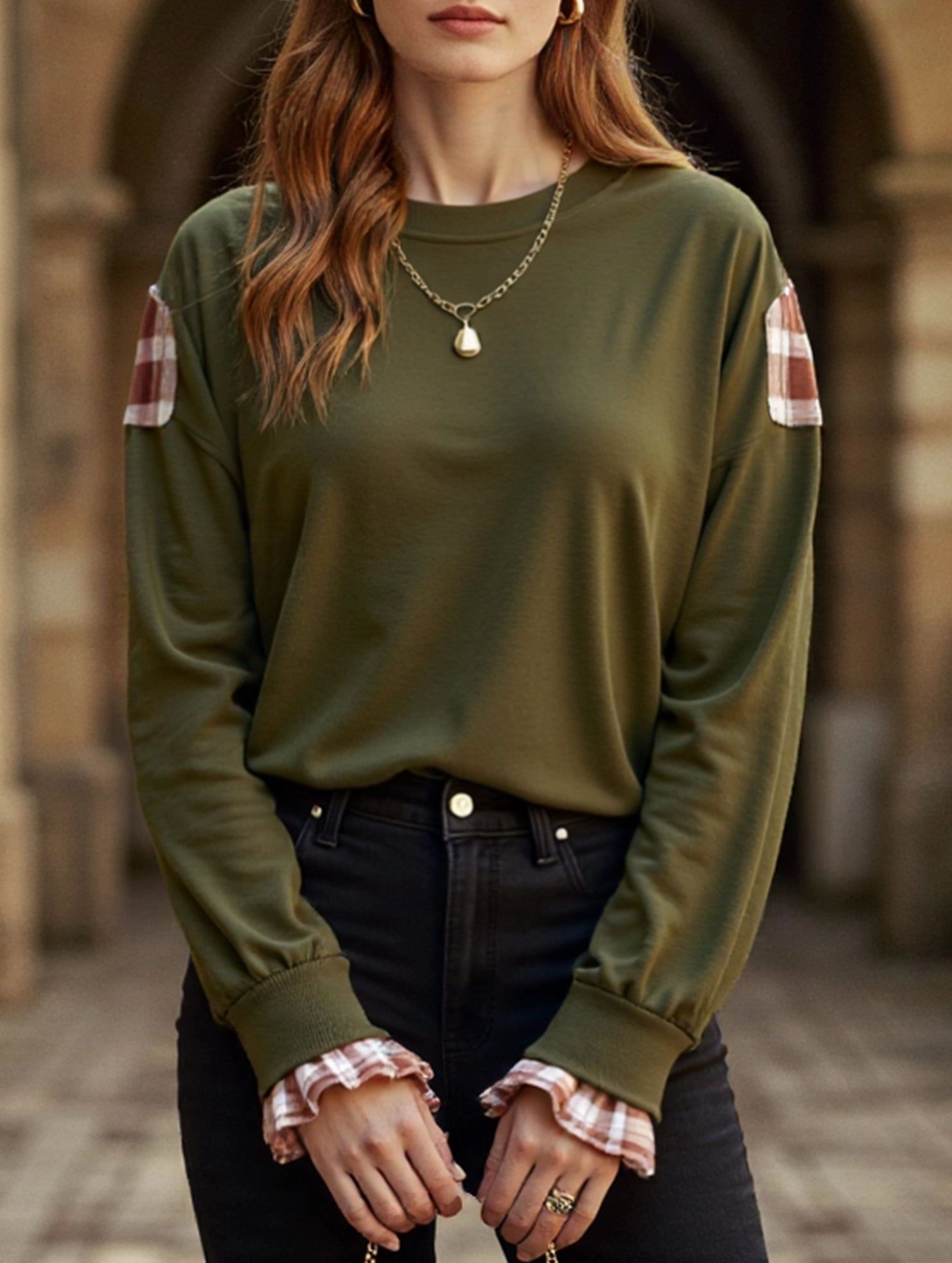 DoubleLayeredCollar DroppedShoulder Plaid Patchwork Crew Neck Pullover Sweatshirt