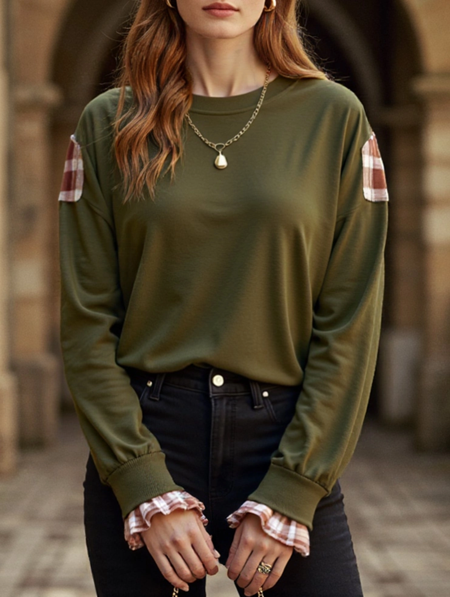 Long Sleeve Shirt Plaid Patchwork Crew Neck Pullover Sweatshirt