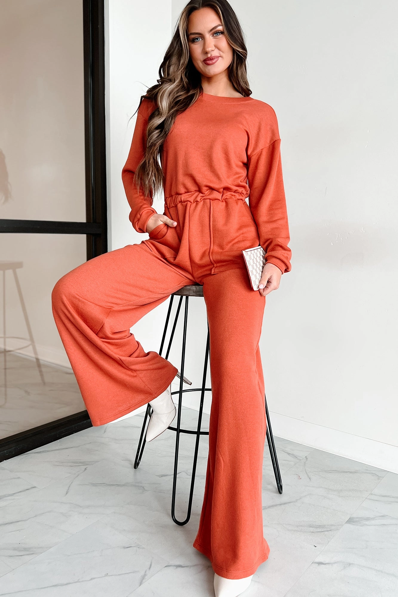 Flexible Knit Blend Wrinkle Resistant Finish Plausible Deniability Long Sleeve Wide Leg Jumpsuit (Rust)
