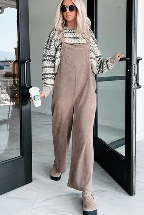 VersatileNeckline Playful Impression Soft Corduroy Overall Jumpsuit (Mocha)