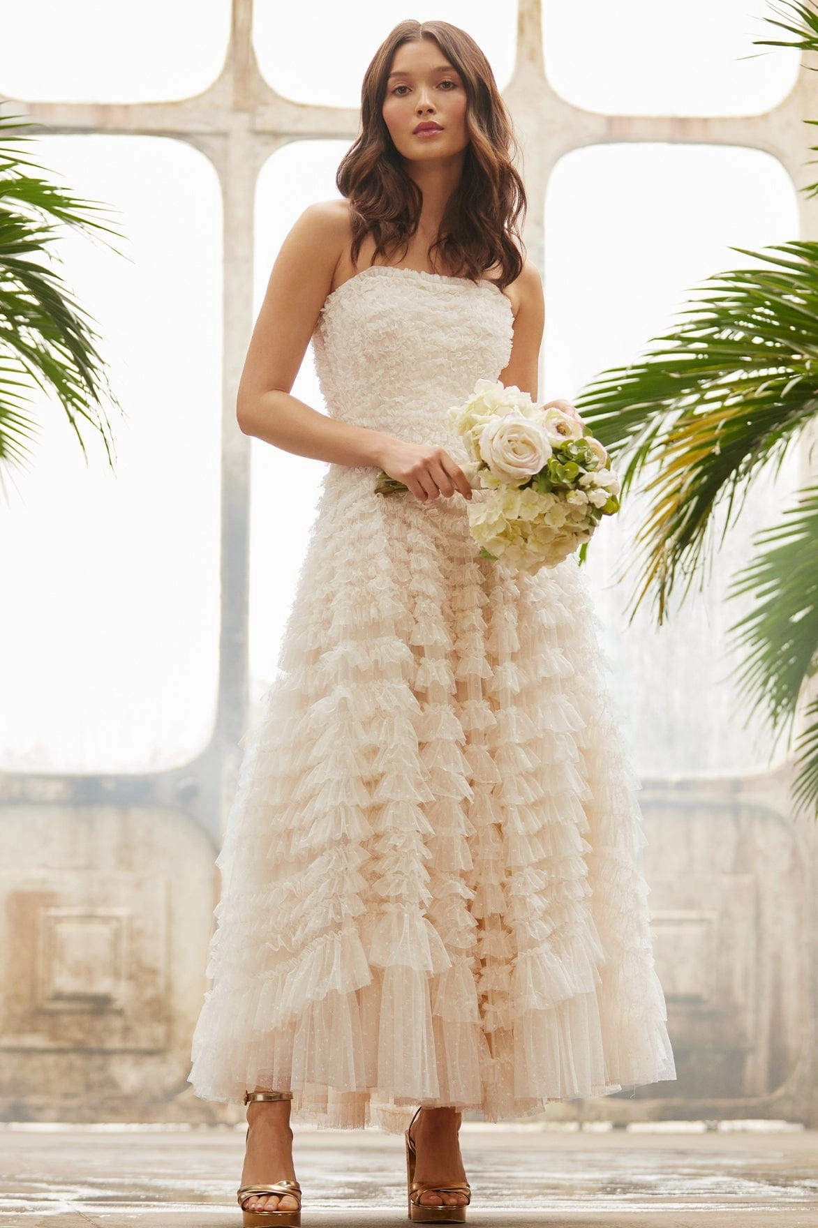 Drapey Fabric Effortless Comfort Hattie Ruffle Strapless Ankle Gown