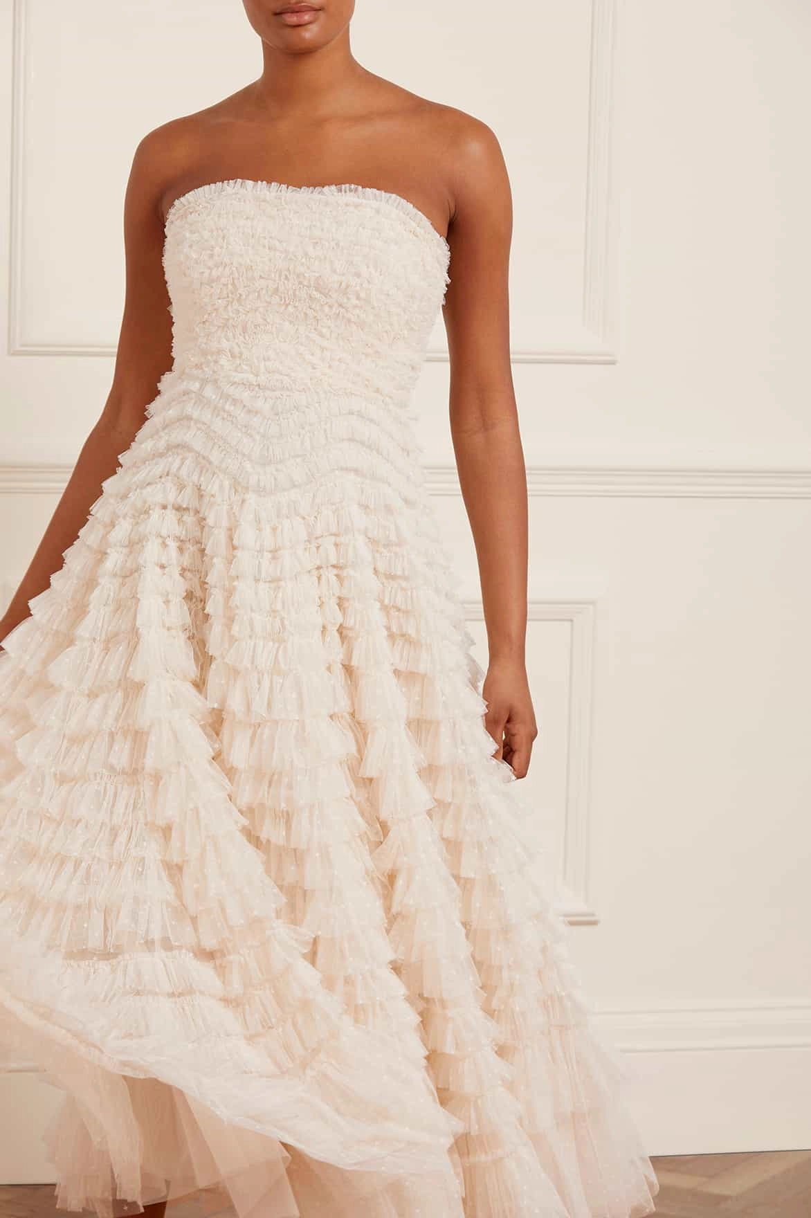 Light And Airy Travel Style Hattie Ruffle Strapless Ankle Gown