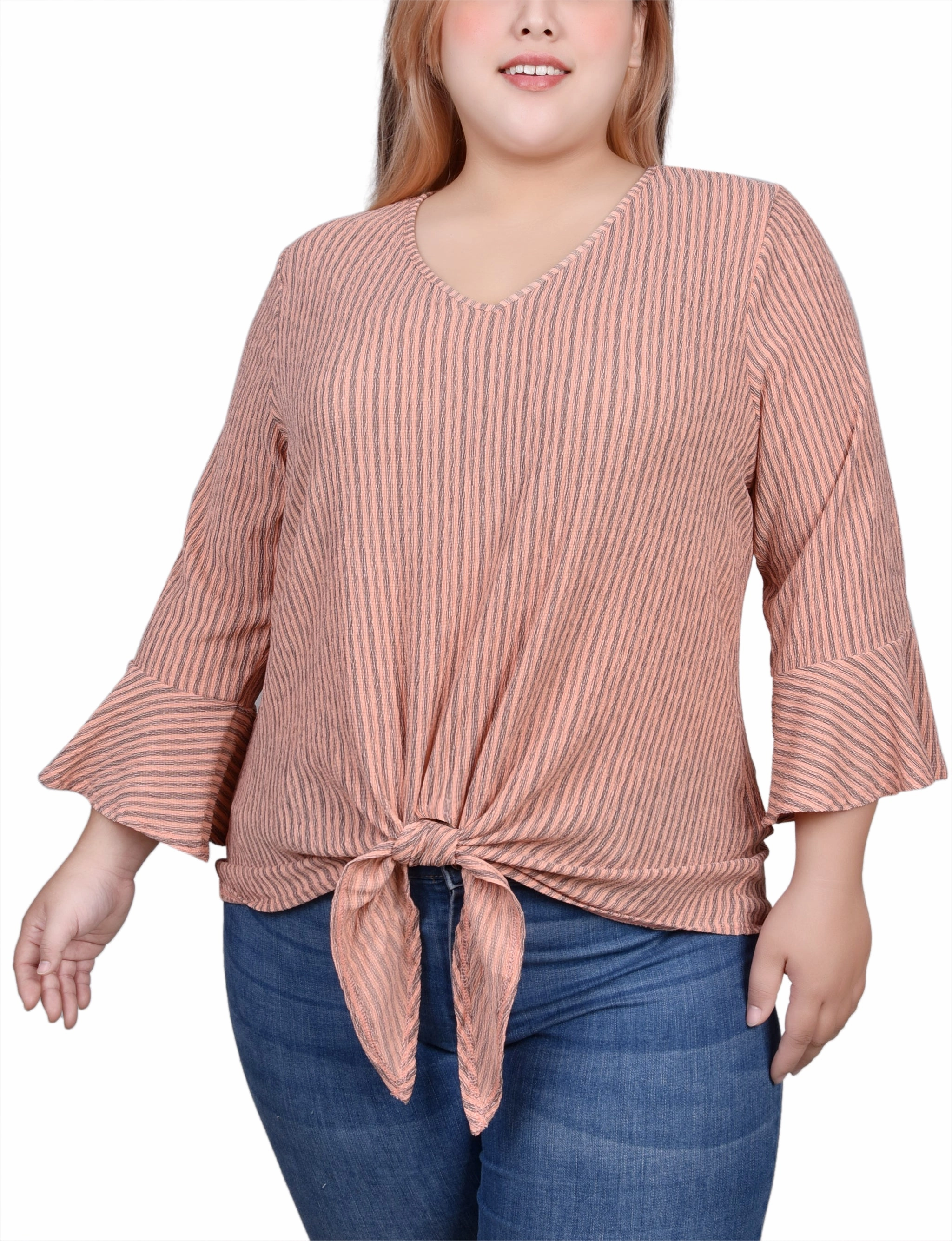 ButtonDownCollar Plus Size 3/4 Bell Sleeve Textured Knit Top