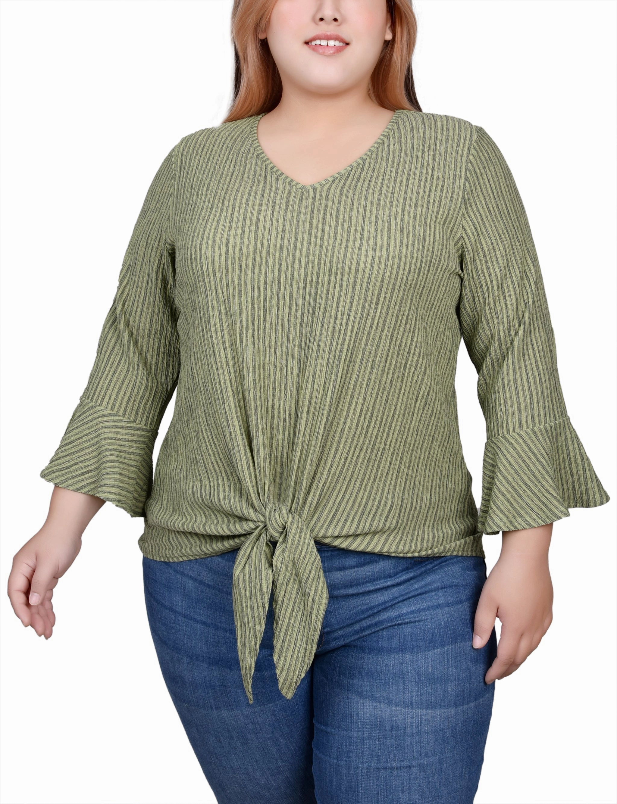 BreathableMesh Plus Size 3/4 Bell Sleeve Textured Knit Top