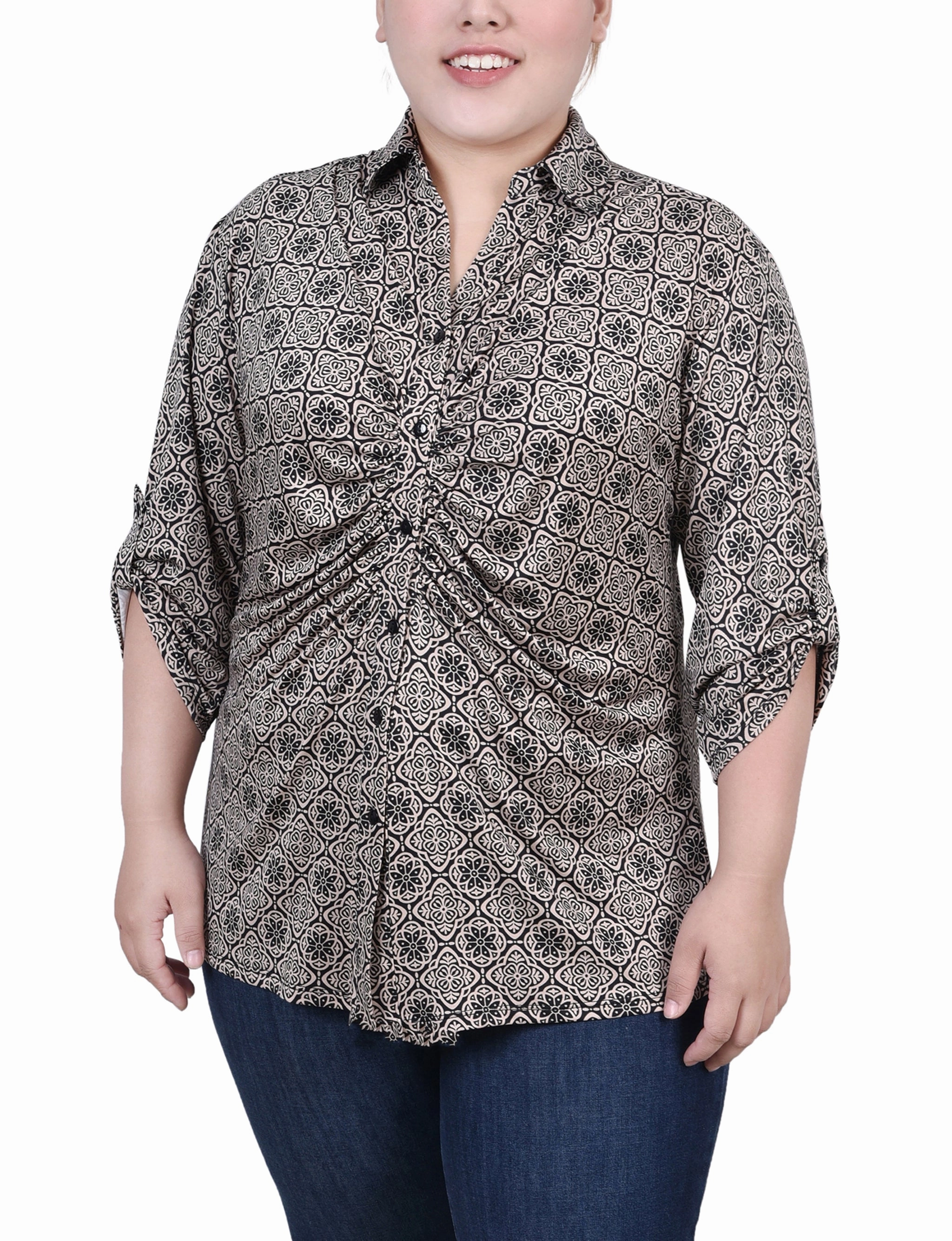 Plus Size 3/4 Roll Tab Rouched-Front Top SoftTouch