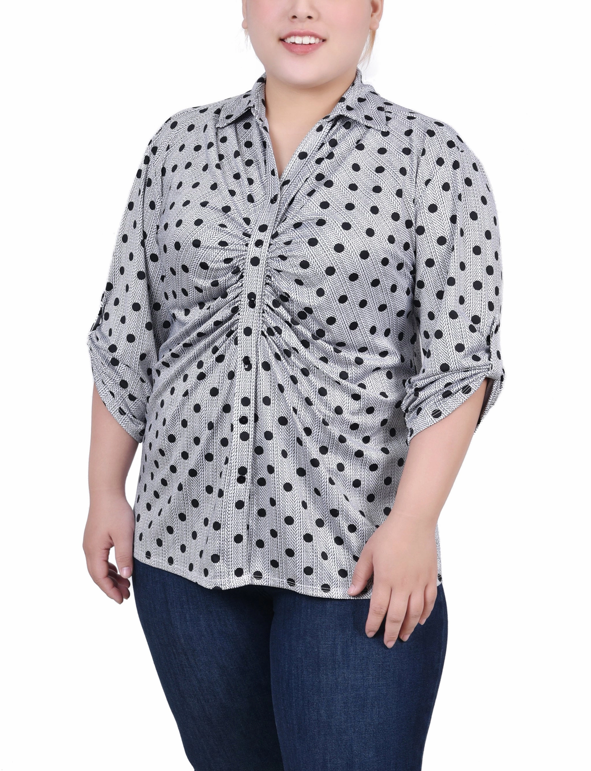 Plus Size 3/4 Roll Tab Rouched-Front Top AllDay Comfort Design