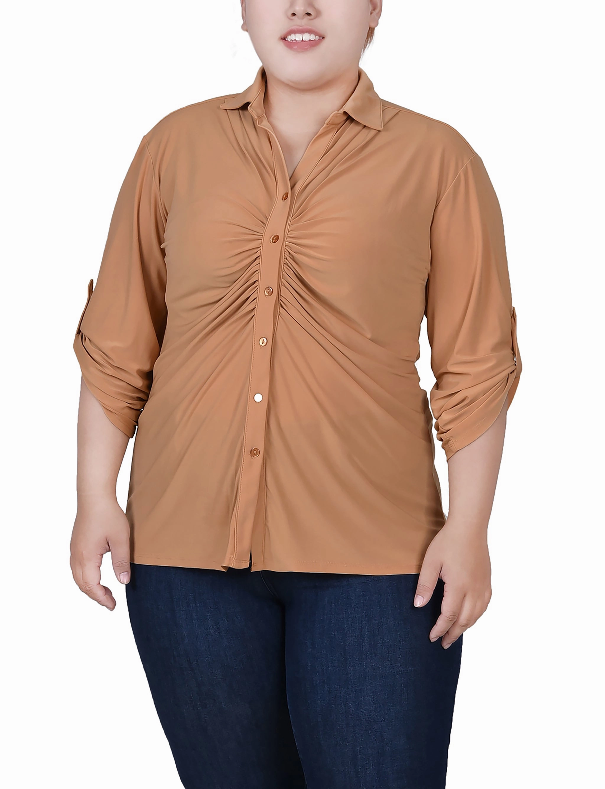 Plus Size 3/4 Roll Tab Rouched-Front Top Relaxed Design Classic Cut