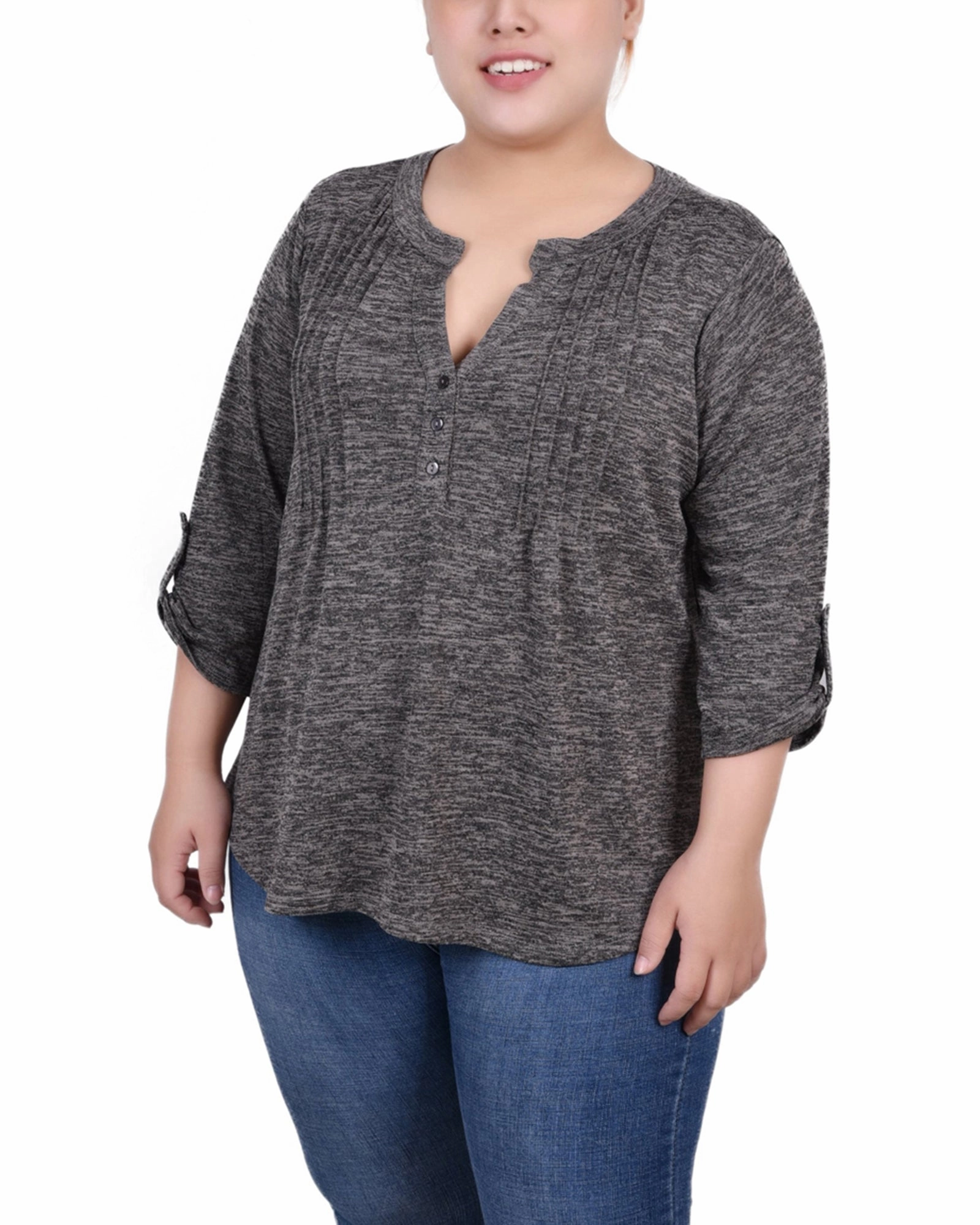 Plus Size 3/4 Roll Tab Sleeve Y Neck Top Sport Top