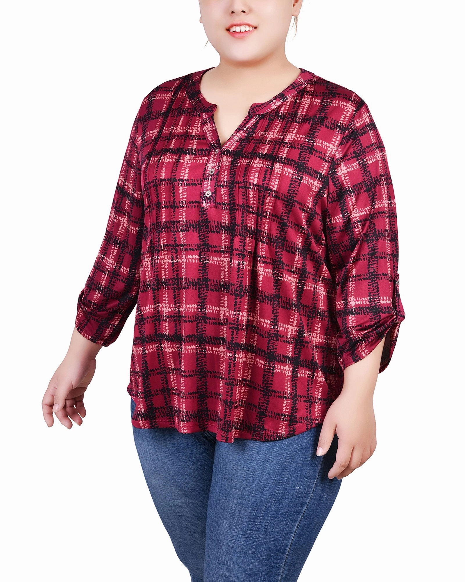 Plus Size 3/4 Roll Tab Sleeve Y Neck Top Biodegradable material