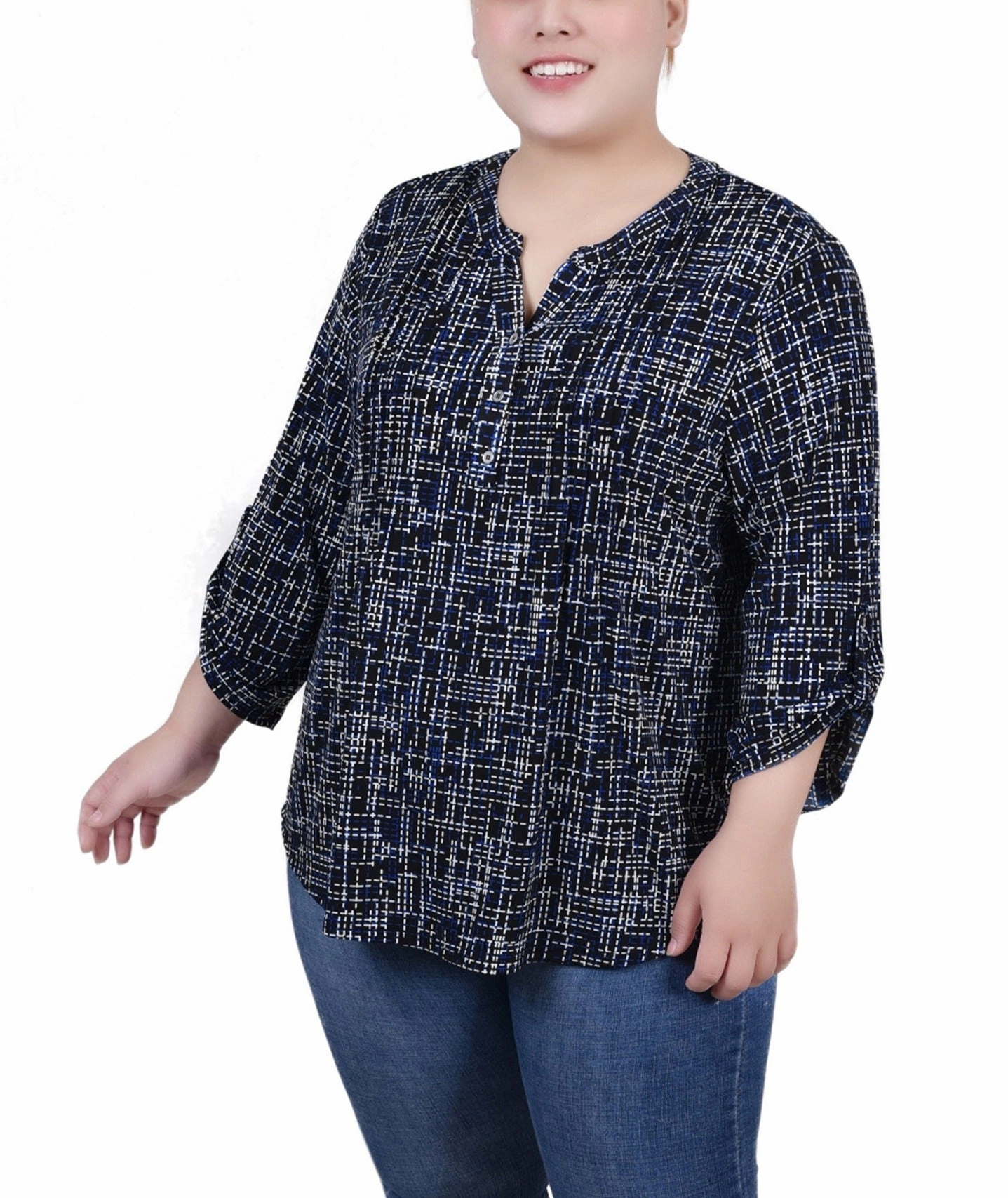 Odor Neutralizing Technology Plus Size 3/4 Roll Tab Sleeve Y Neck Top