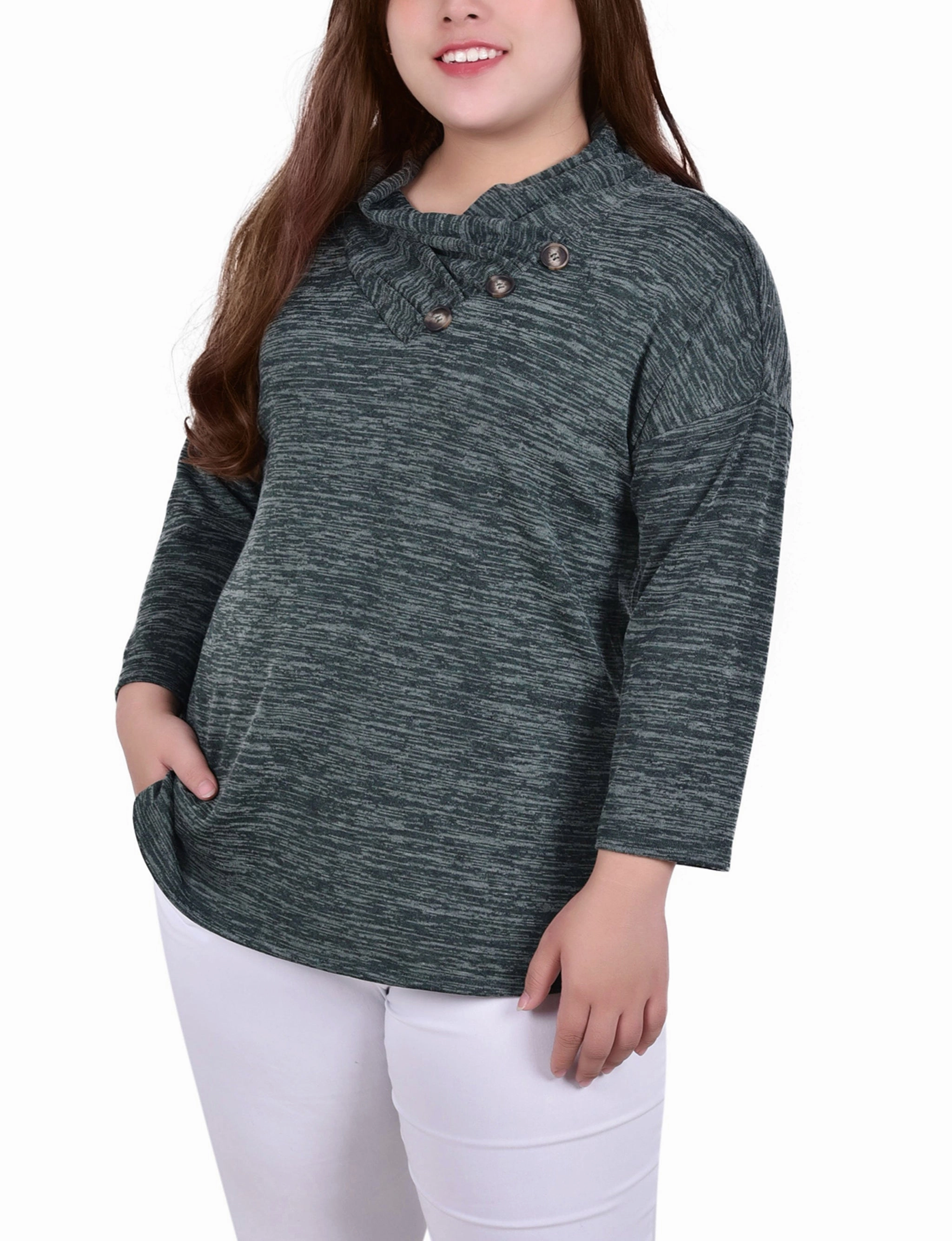 Plus Size 3/4 Sleeve Crossover Cowl Neck Top Recycled Material Blend