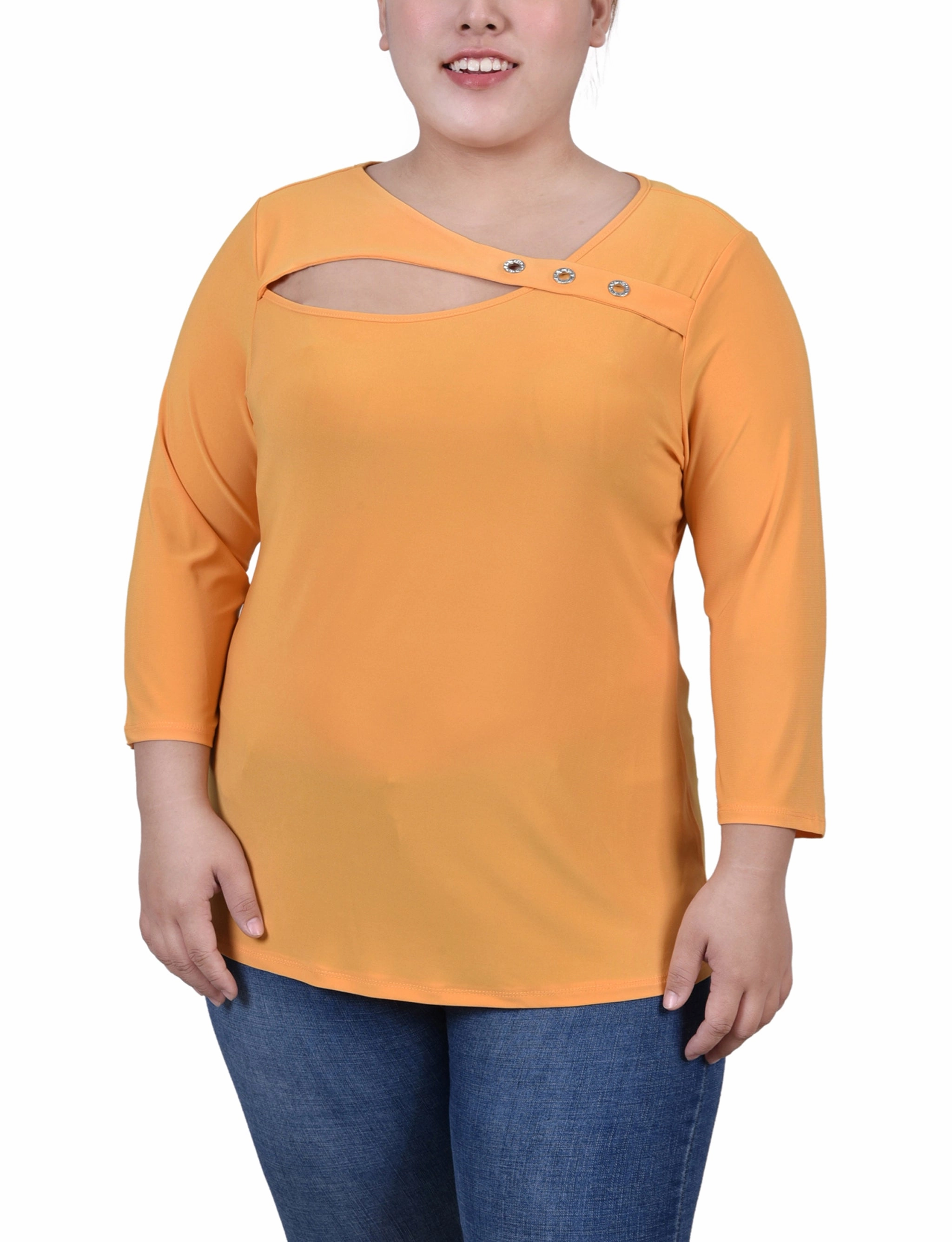 Plus Size 3/4 Sleeve Cutout Top Compact Thermal Insulation