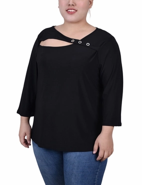 Plus Size 3/4 Sleeve Cutout Top Tubular Body Construction