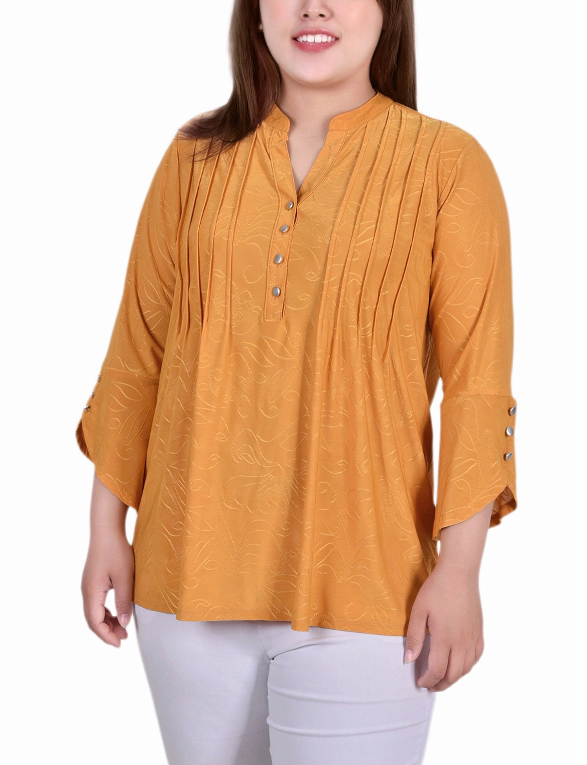 Plus Size 3/4 Sleeve Overlapped Bell Sleeve Y Neck Top Abrasion Resistant Fabric