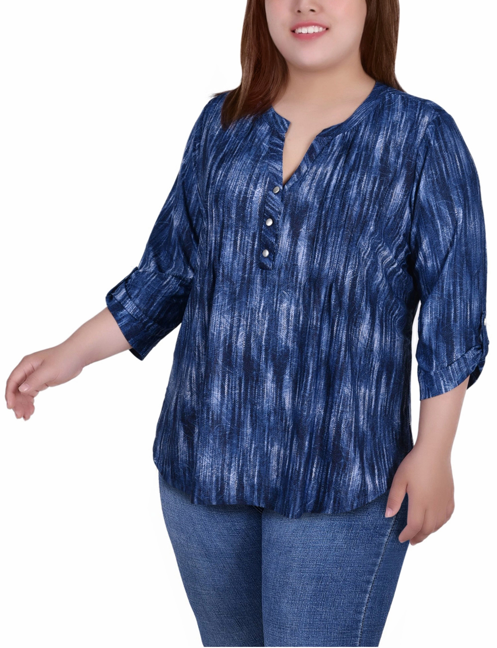 Plus Size 3/4 Sleeve Roll Tab Y Neck Pullover Top Water Repellent Finish