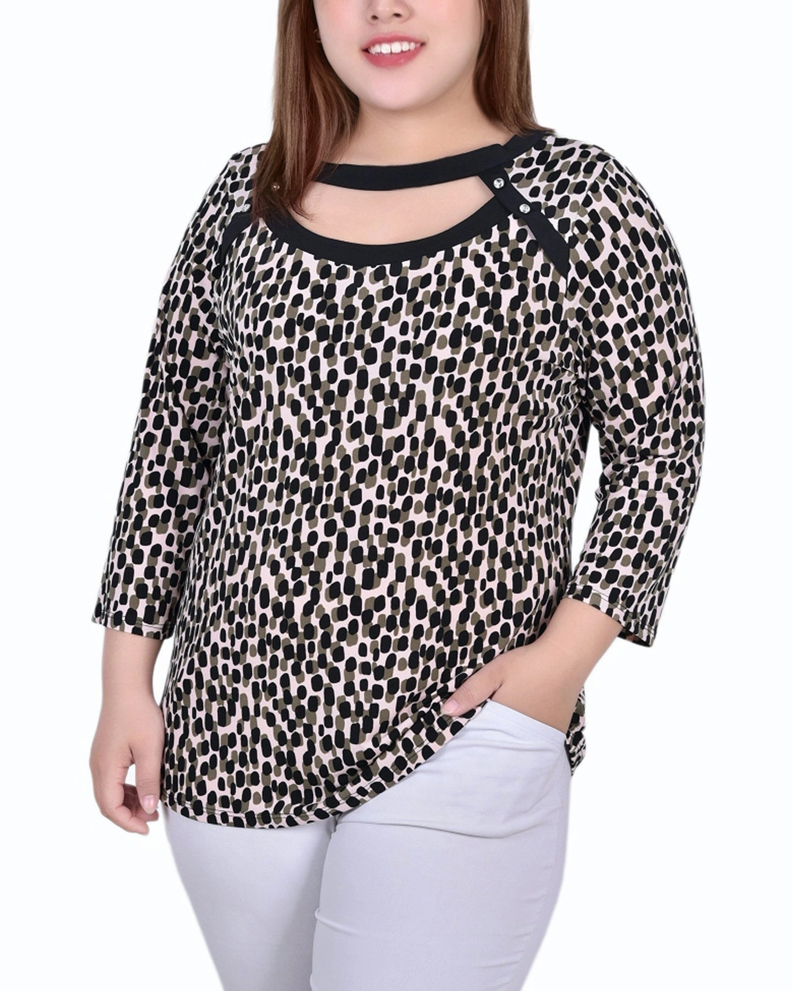 Plus Size 3/4 Sleeve Top With Combo Bands And Front Cutout Reflective Safety Accents