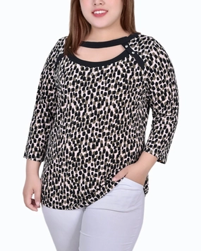Plus Size 3/4 Sleeve Top With Combo Bands And Front Cutout Reflective Safety Accents