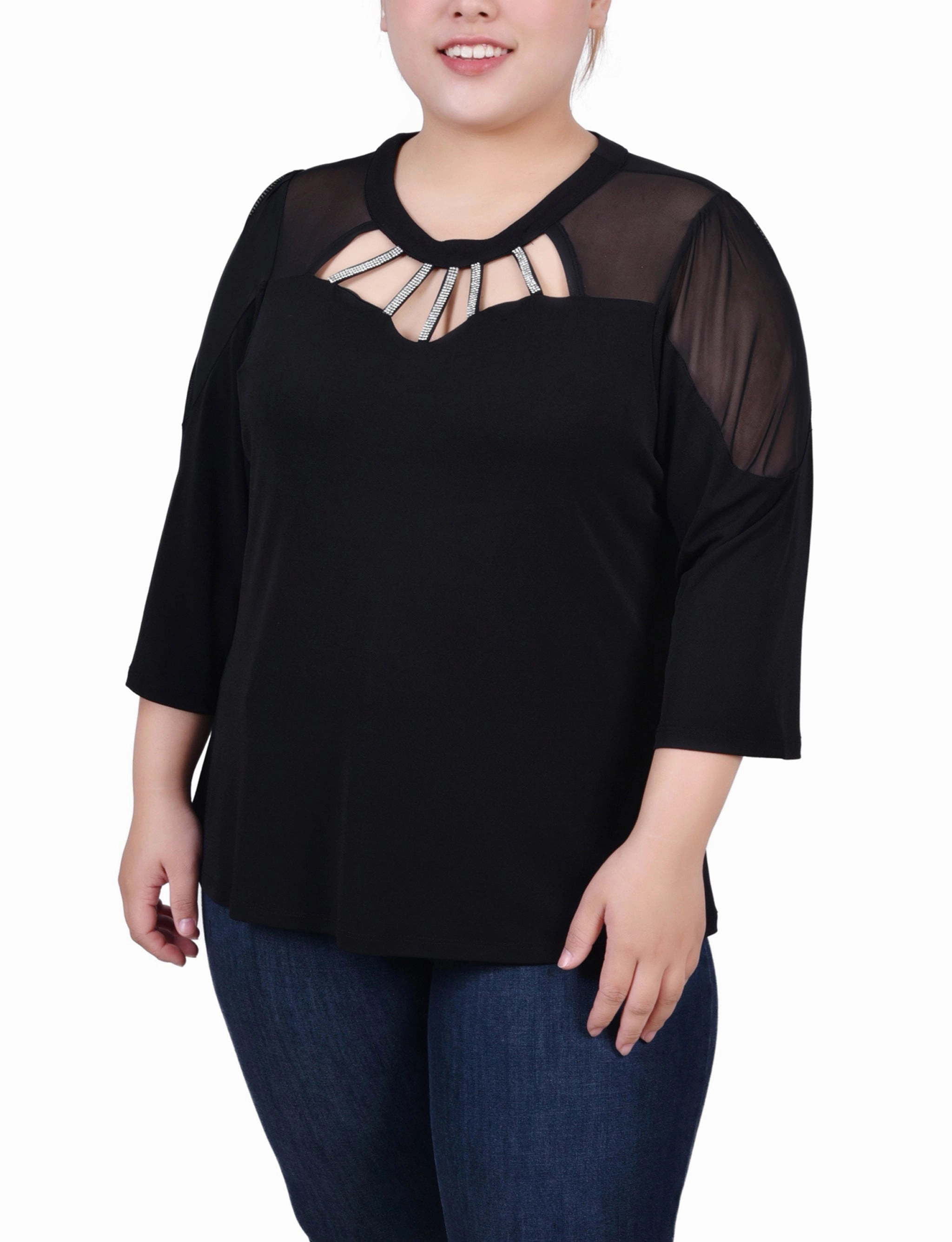 Plus Size 3/4 Sleeve Top With Neckline Cutouts and Stones AntiPillingTreatment