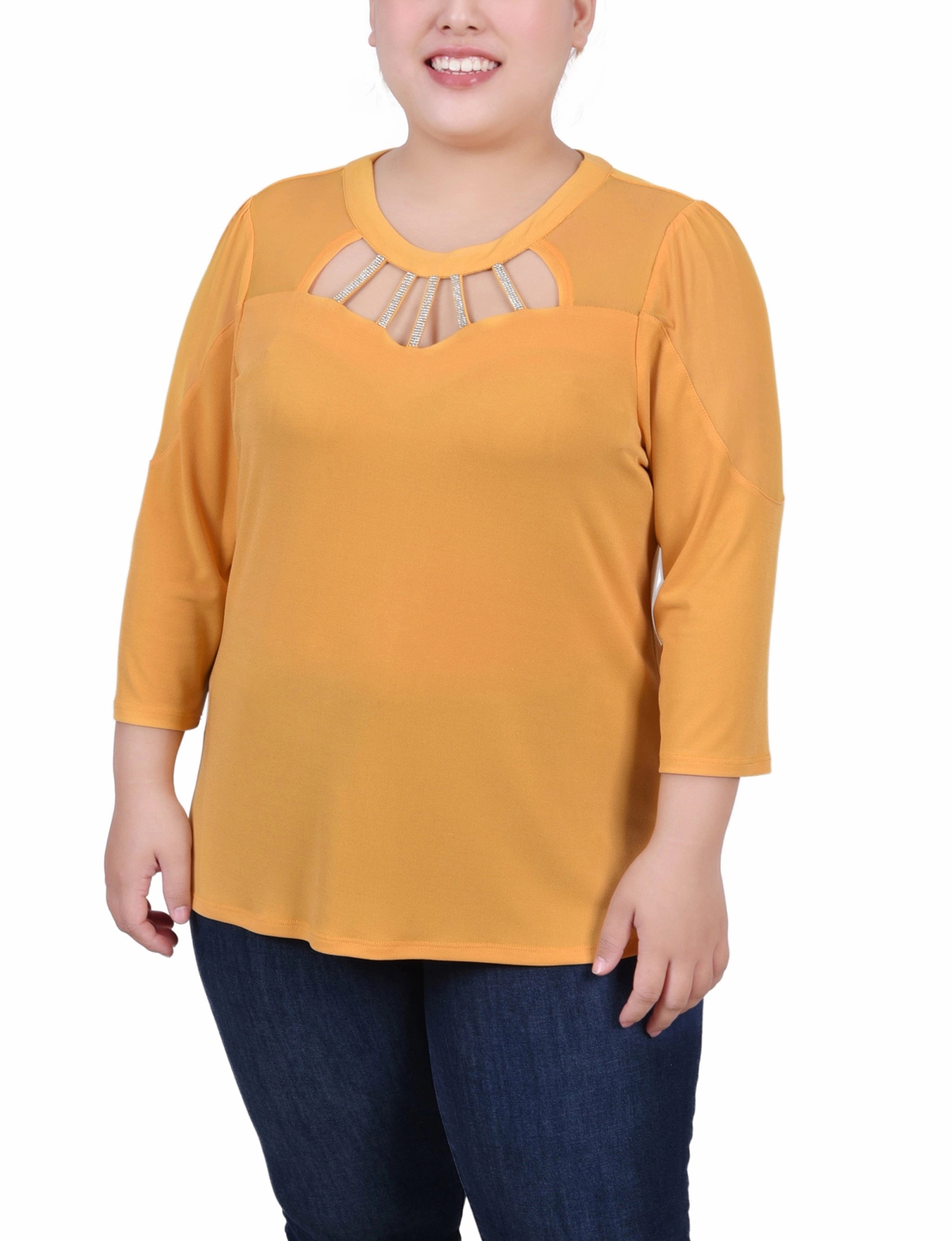 Plus Size 3/4 Sleeve Top With Neckline Cutouts and Stones RollUpSleeves Low Profile Stitching