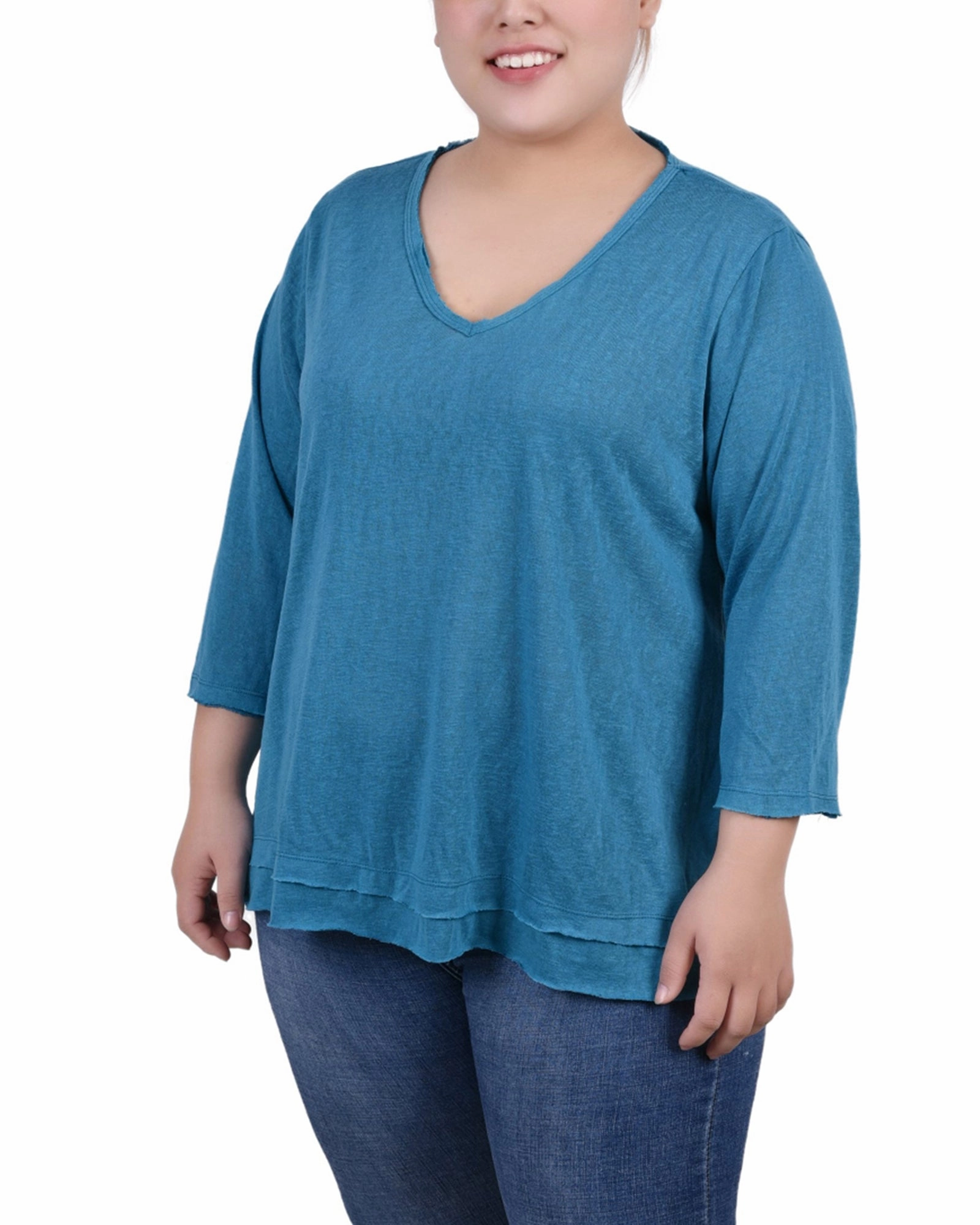 Plus Size 3/4 Sleeve V Neck Top Retro design