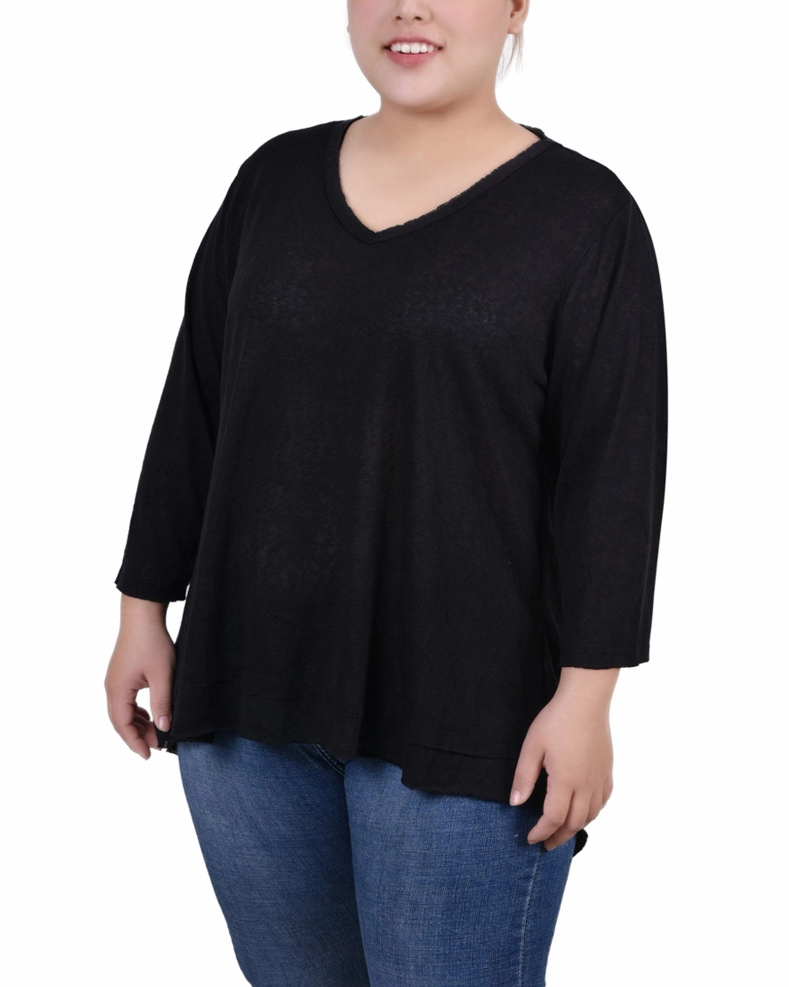 Plus Size 3/4 Sleeve V Neck Top Elegant Blouse