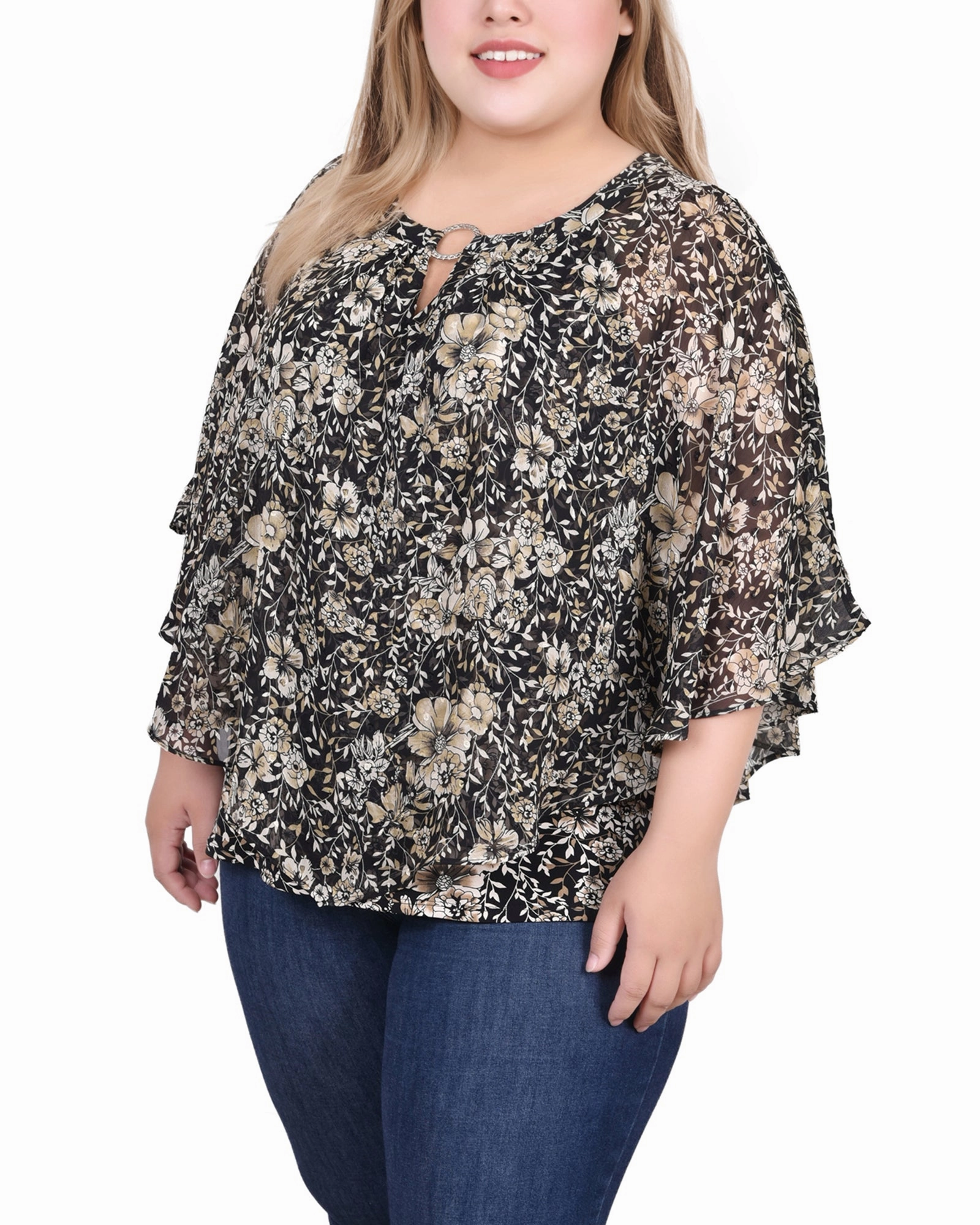 Plus Size Chiffon Poncho Top With Ring Classic Crewneck Design