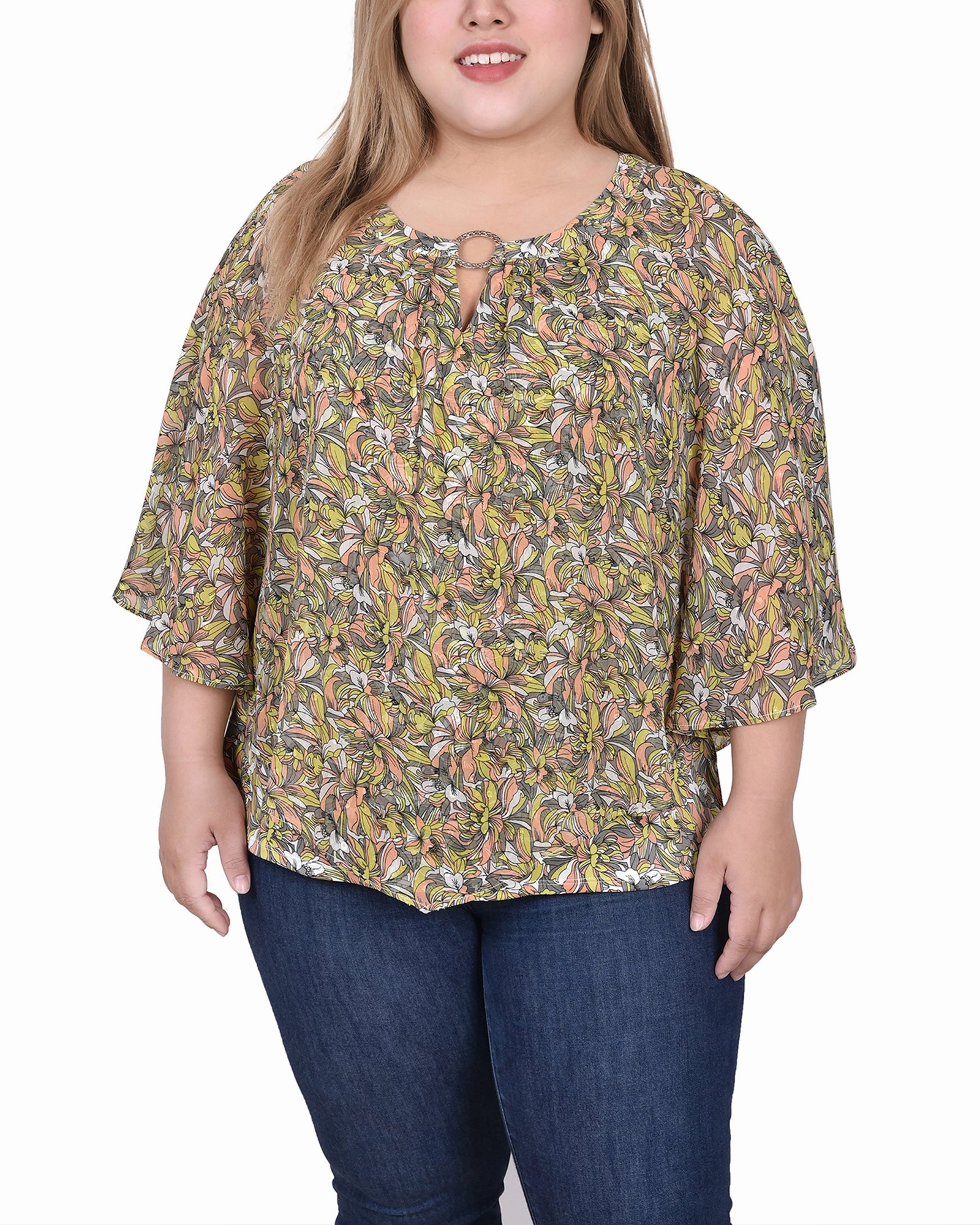 QuickRelease Closures Denim Shirt Plus Size Chiffon Poncho Top With Ring