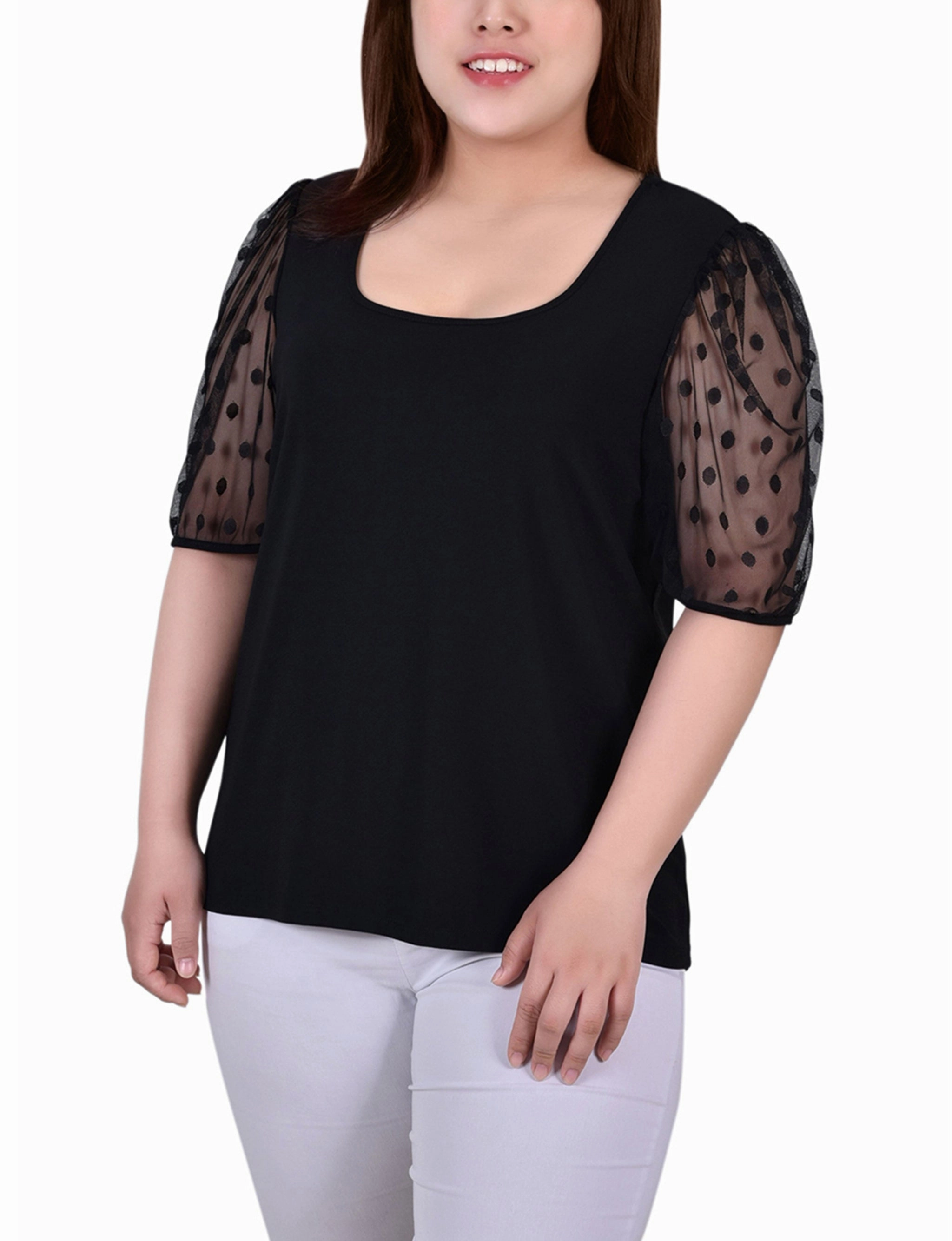 Casual Blouse Plus Size Elbow Sleeve Crepe Top With Mesh Dotted Sleeves