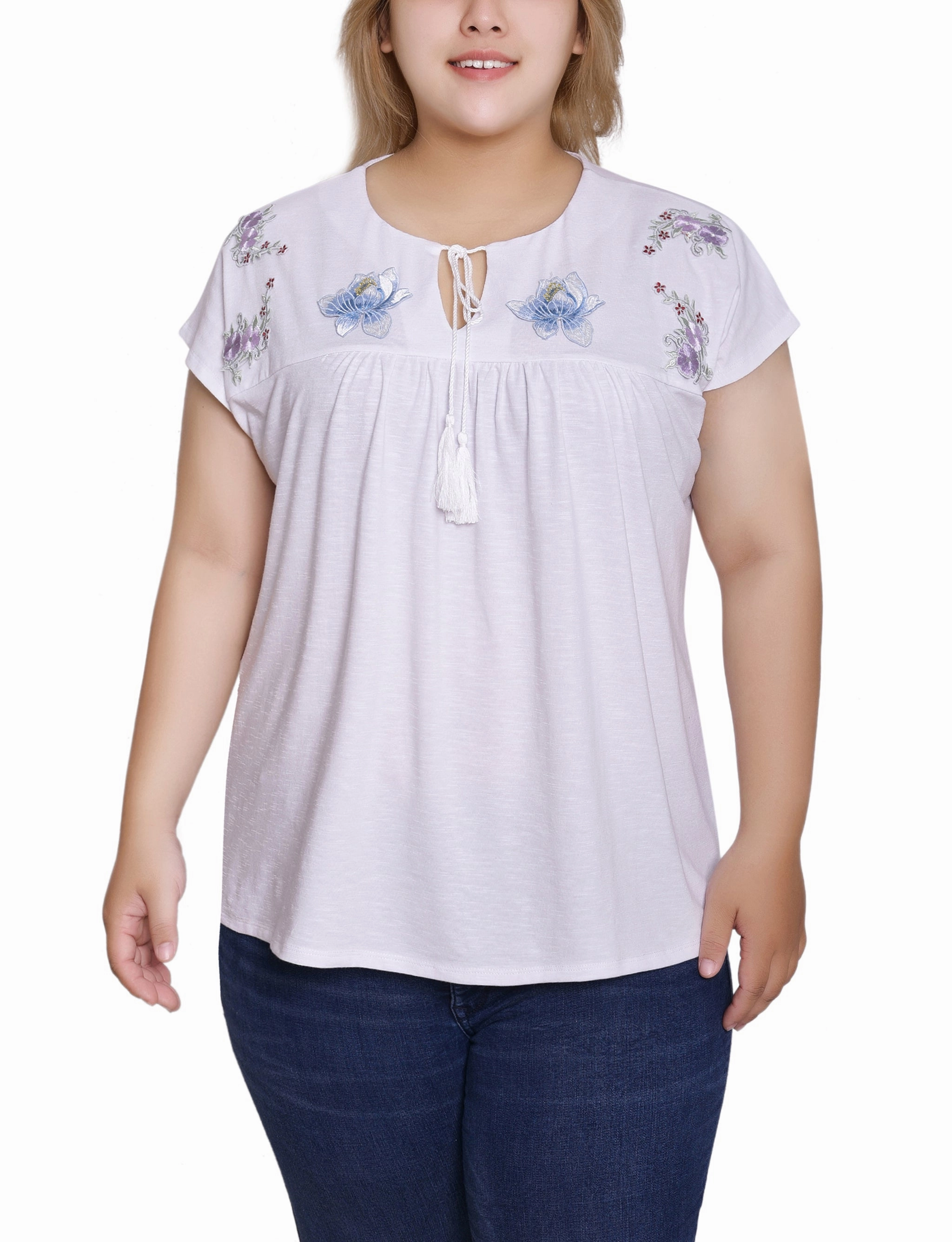 Temperature Control Technology Plus Size Embroidered Yoke Extended Sleeve Top
