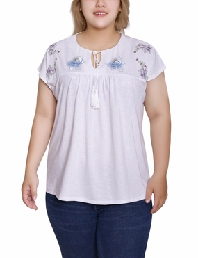 Temperature Control Technology Plus Size Embroidered Yoke Extended Sleeve Top