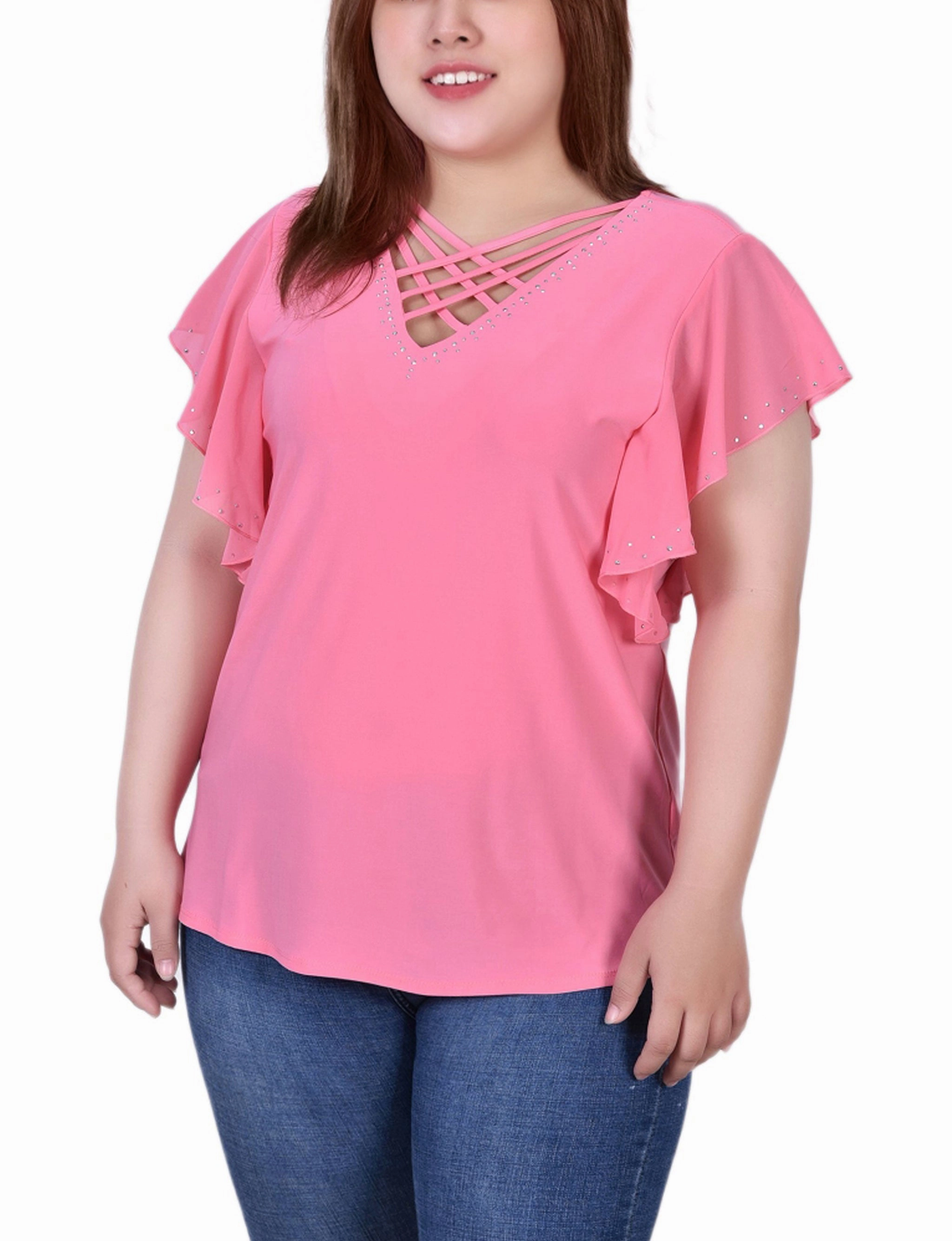 AdaptiveFitFabric Plus Size Flutter Sleeve Top With Criss Cross Strips