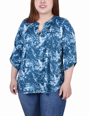 TaglessCollar ReflectiveTrim Plus Size Knit Jacquard 3/4 Sleeve Roll Tab Top
