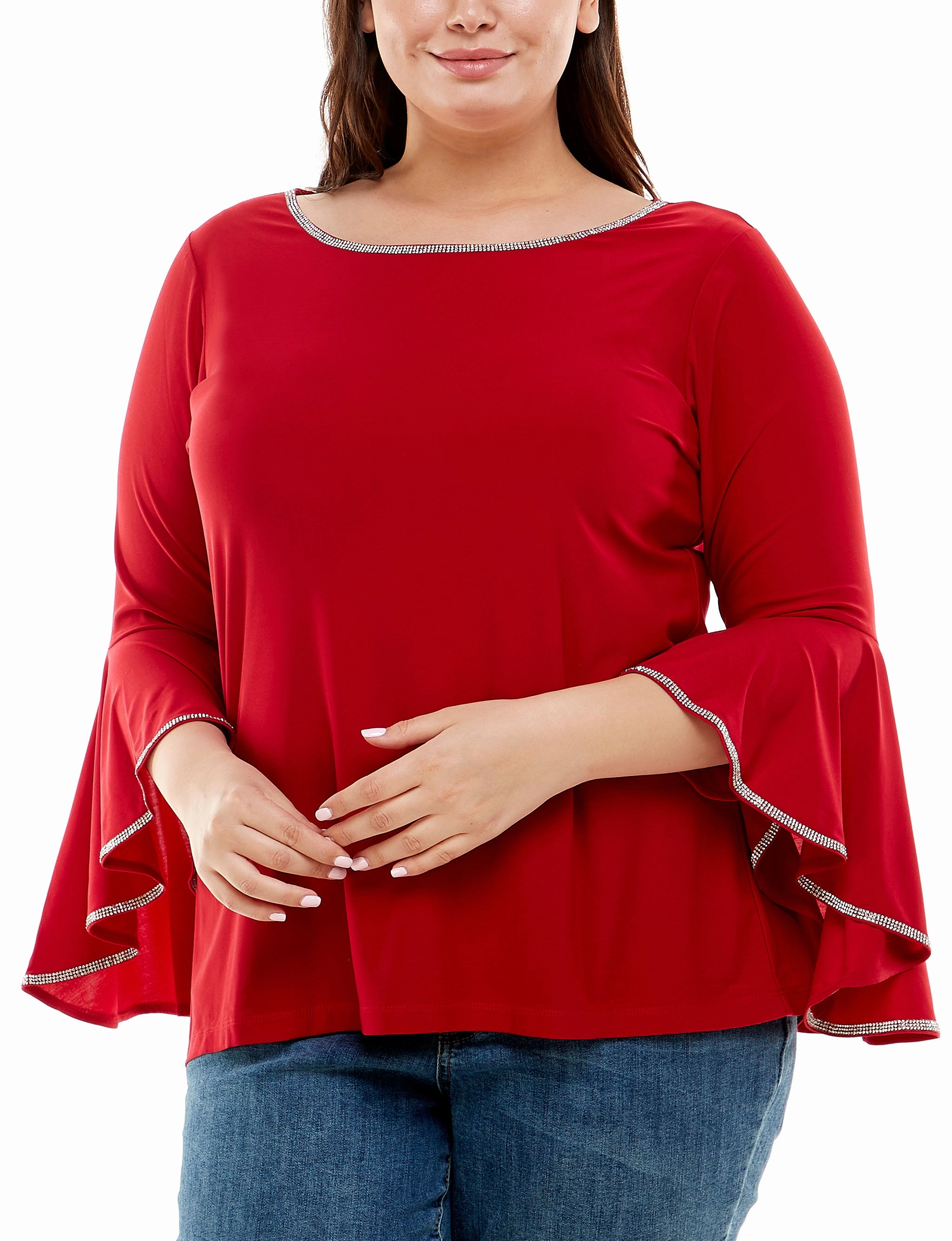 Plus Size Long Bell Sleeve Top With Stone Details Buttery Soft Feel
