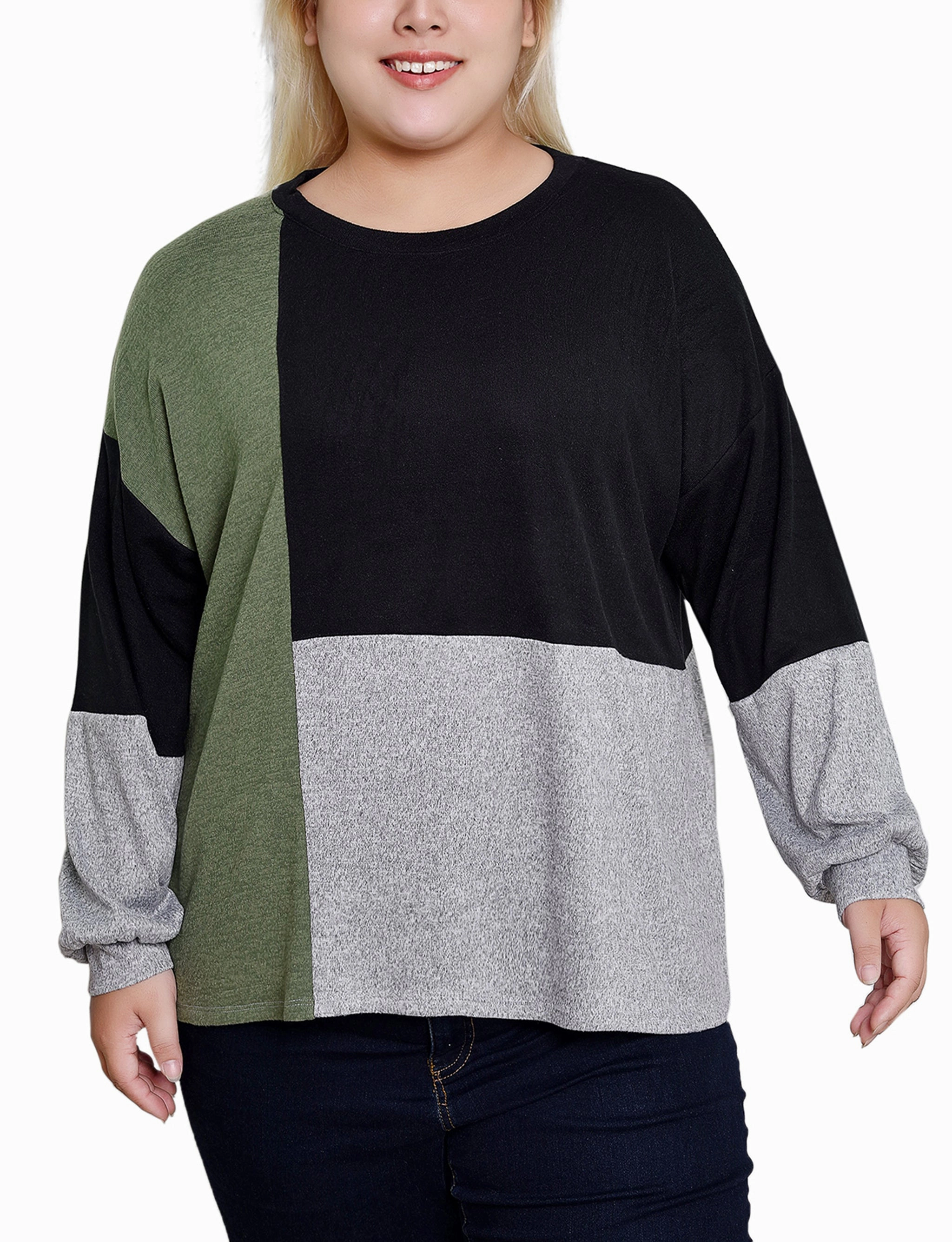Plus Size Long Sleeve Colorblocked Top RollUpCuff Workout Apparel
