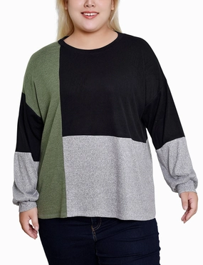 Plus Size Long Sleeve Colorblocked Top AntiStatic Treatment