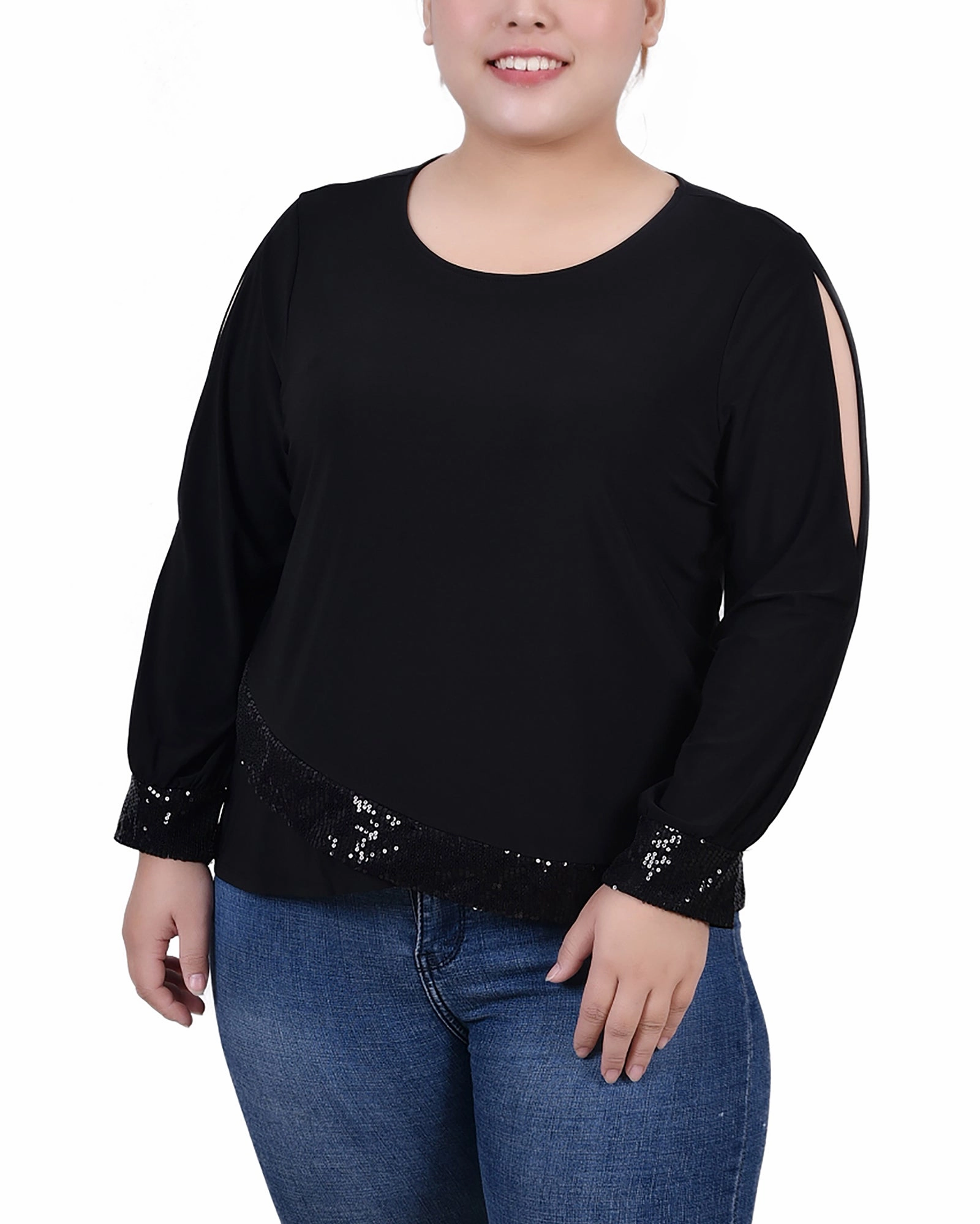 Plus Size Long Sleeve Knit Top With Sequin Hem SlimFitAdaptation Curved Hemline