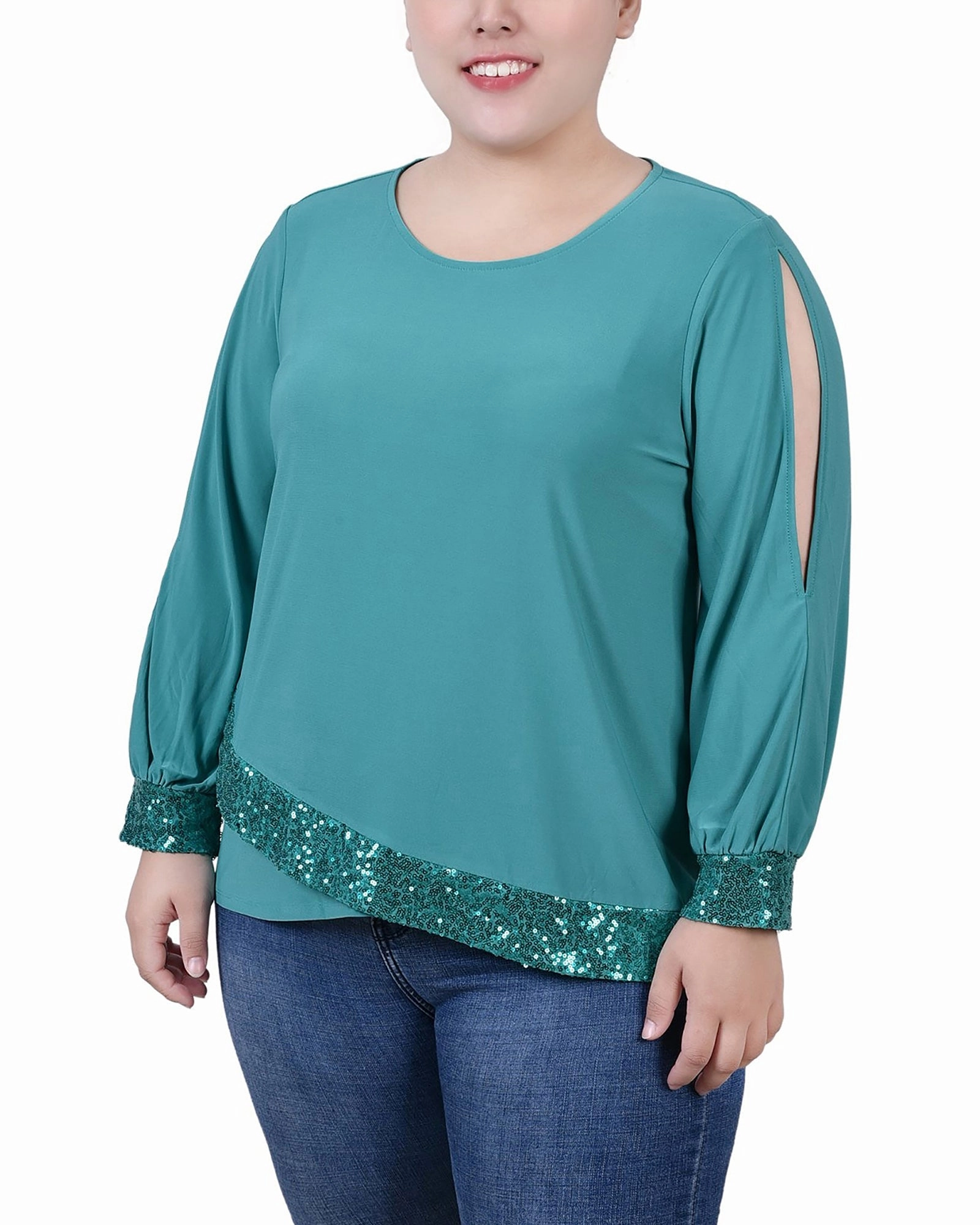 Layered Look Plus Size Long Sleeve Knit Top With Sequin Hem
