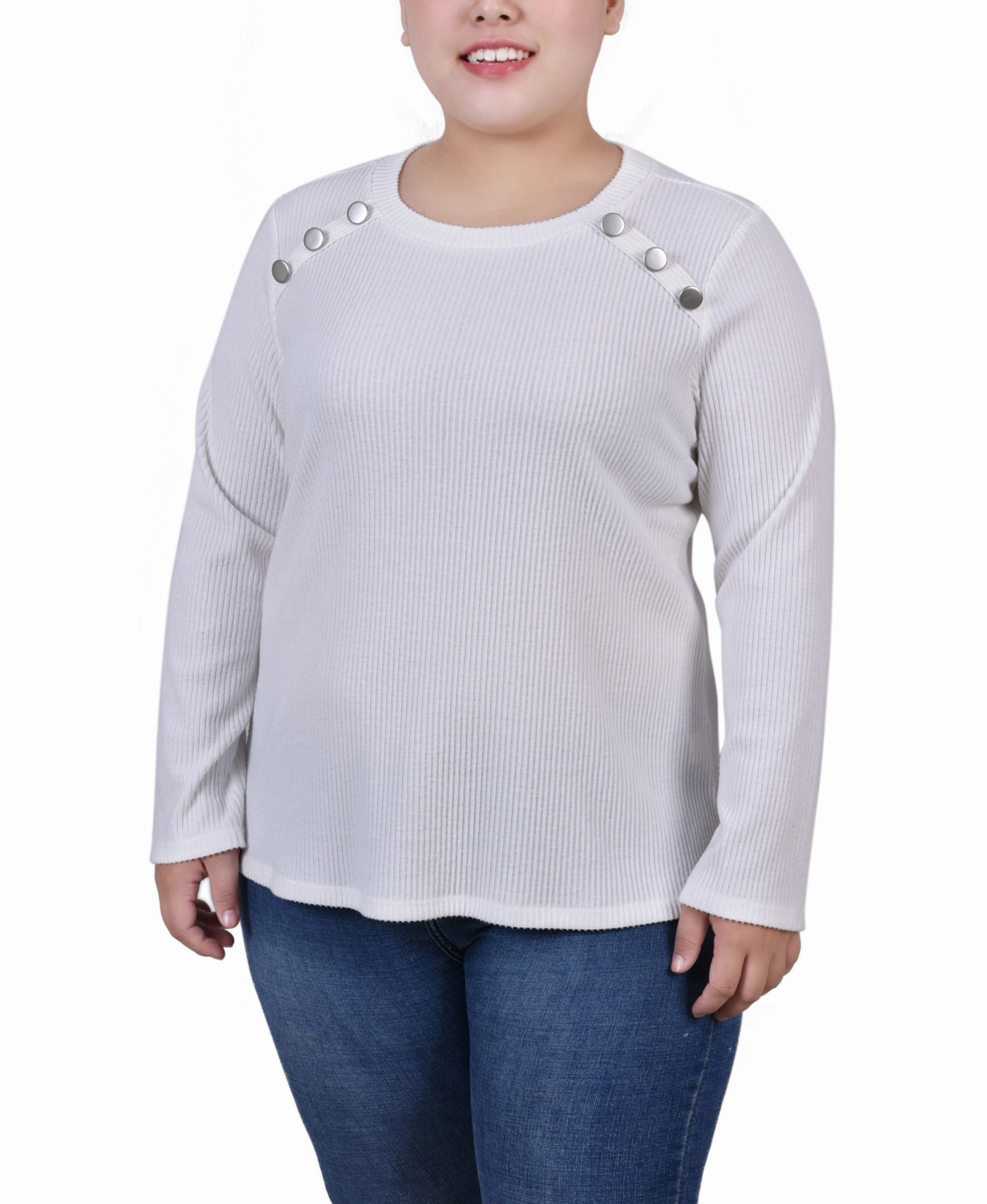 Heather Effect Finish Tubular Body Construction Plus Size Long Sleeve Ribbed Button Detail Top