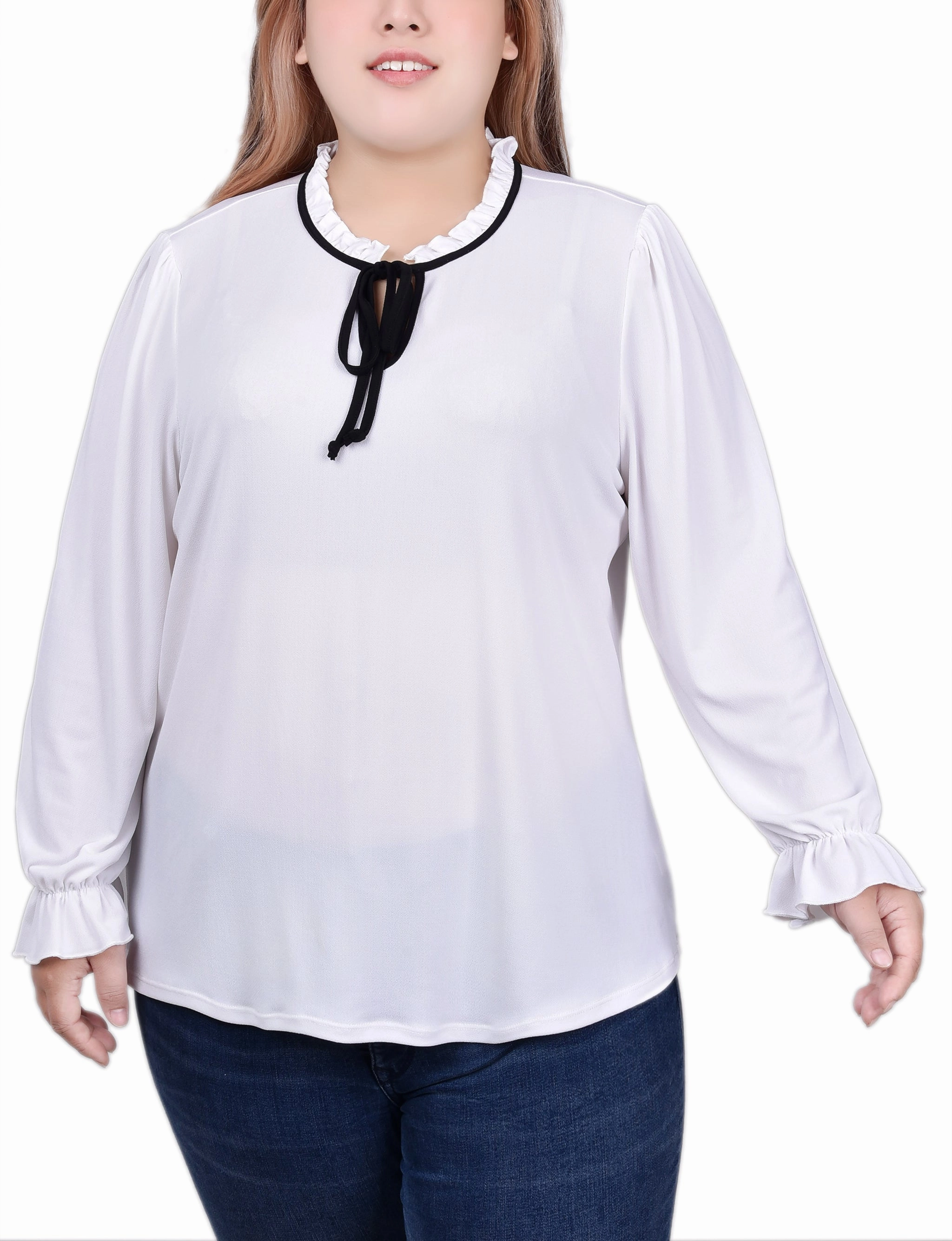 Soft Touch Fabric Built In Odor Control Plus Size Long Sleeve Tie Neck Top